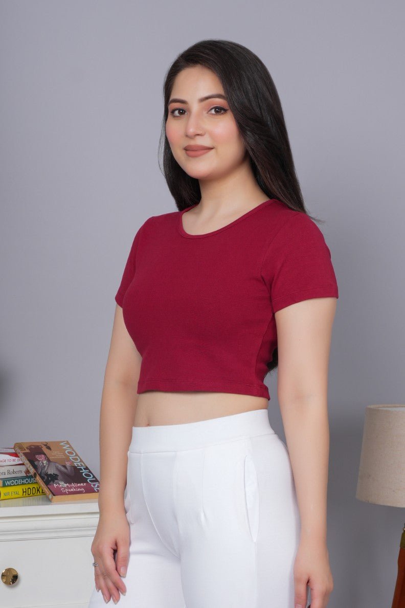 Dark Rose Rib Crop T Shirt [ 100% USA HQ Cotton, 280 GSM non transparent fabric ] - Rib crop t shirt