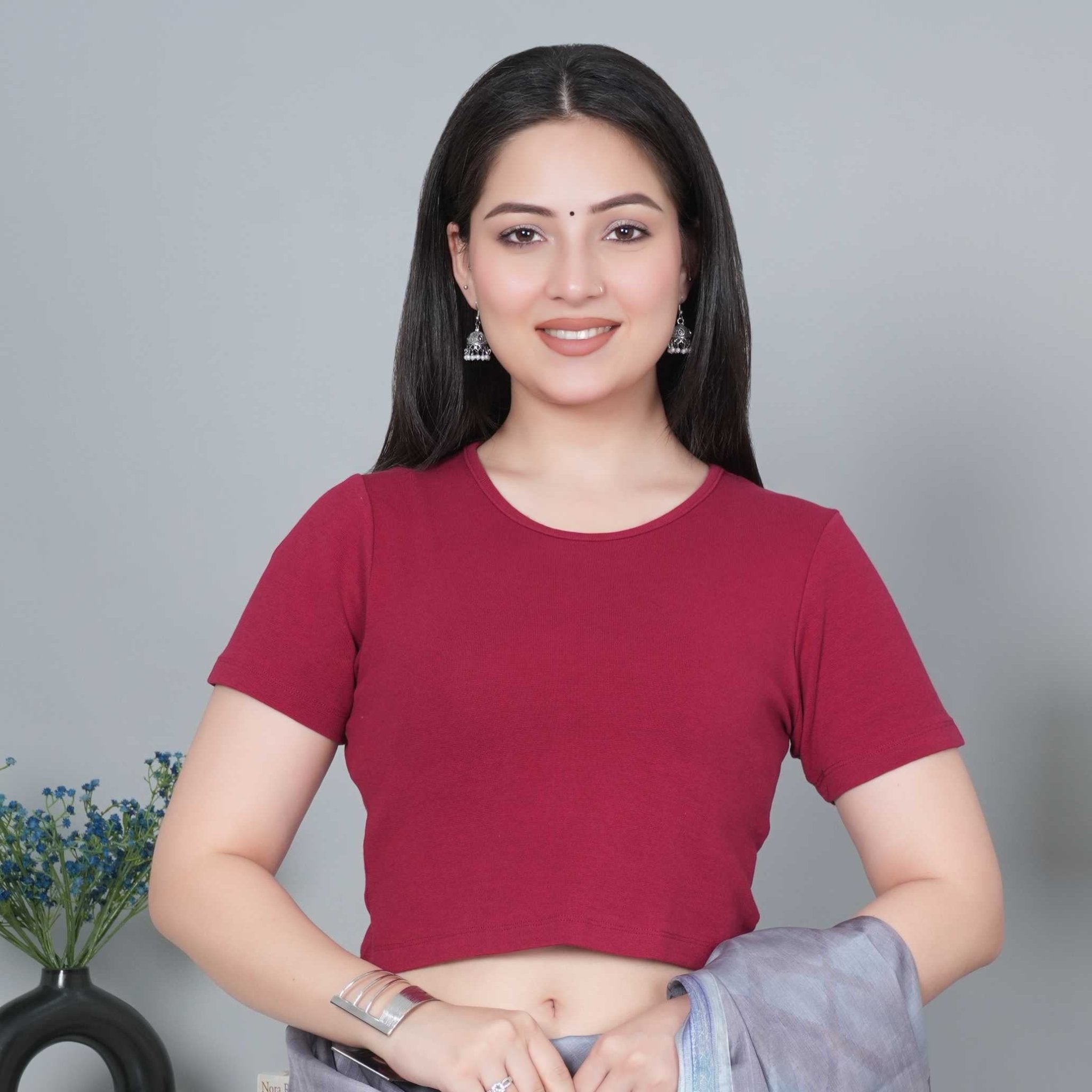 Dark rose Rib Crop Tshirt Blouse [ 100% USA HQ Cotton, 280 GSM non transparent fabric ] - Rib crop tshirt blouse