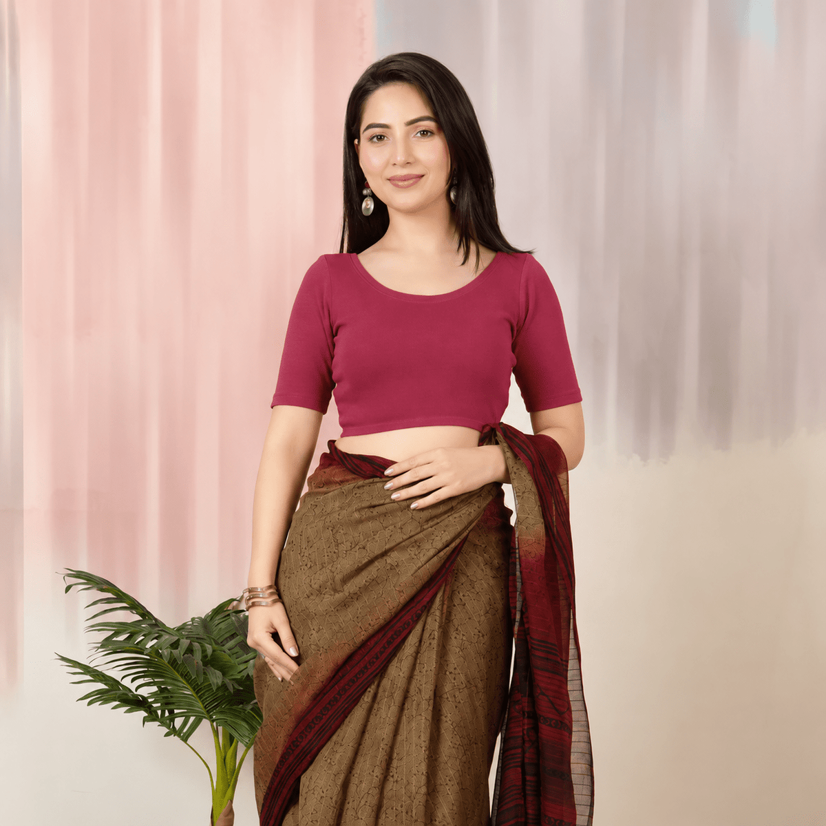 Dark Rose Rib Roundneck Half Sleeve Blouse [ 100% USA HQ Cotton, 280 GSM non transparent fabric ] -Rib blouse