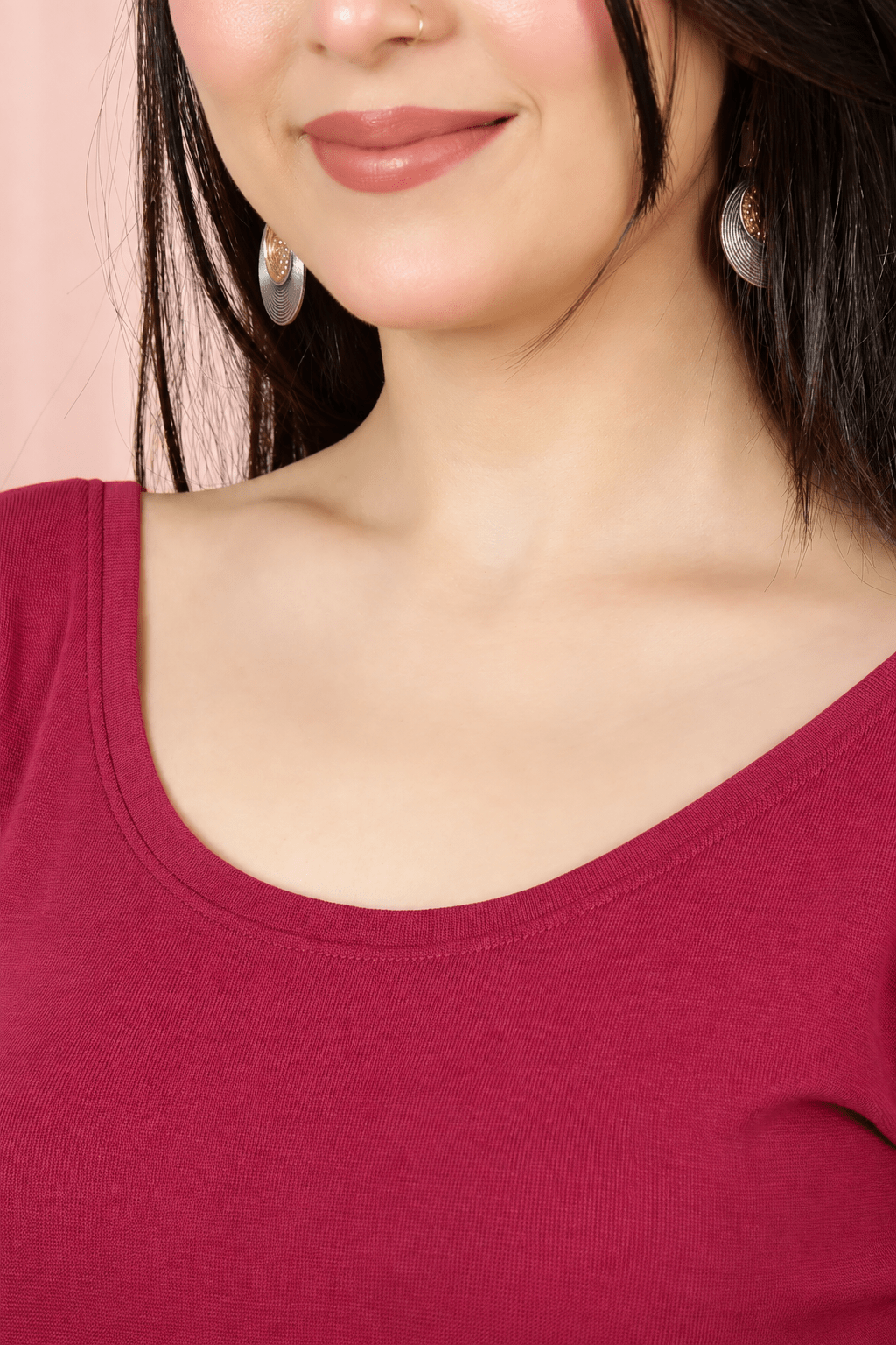 Dark Rose Rib Roundneck Half Sleeve Blouse [ 100% USA HQ Cotton, 280 GSM non transparent fabric ] -Rib blouse