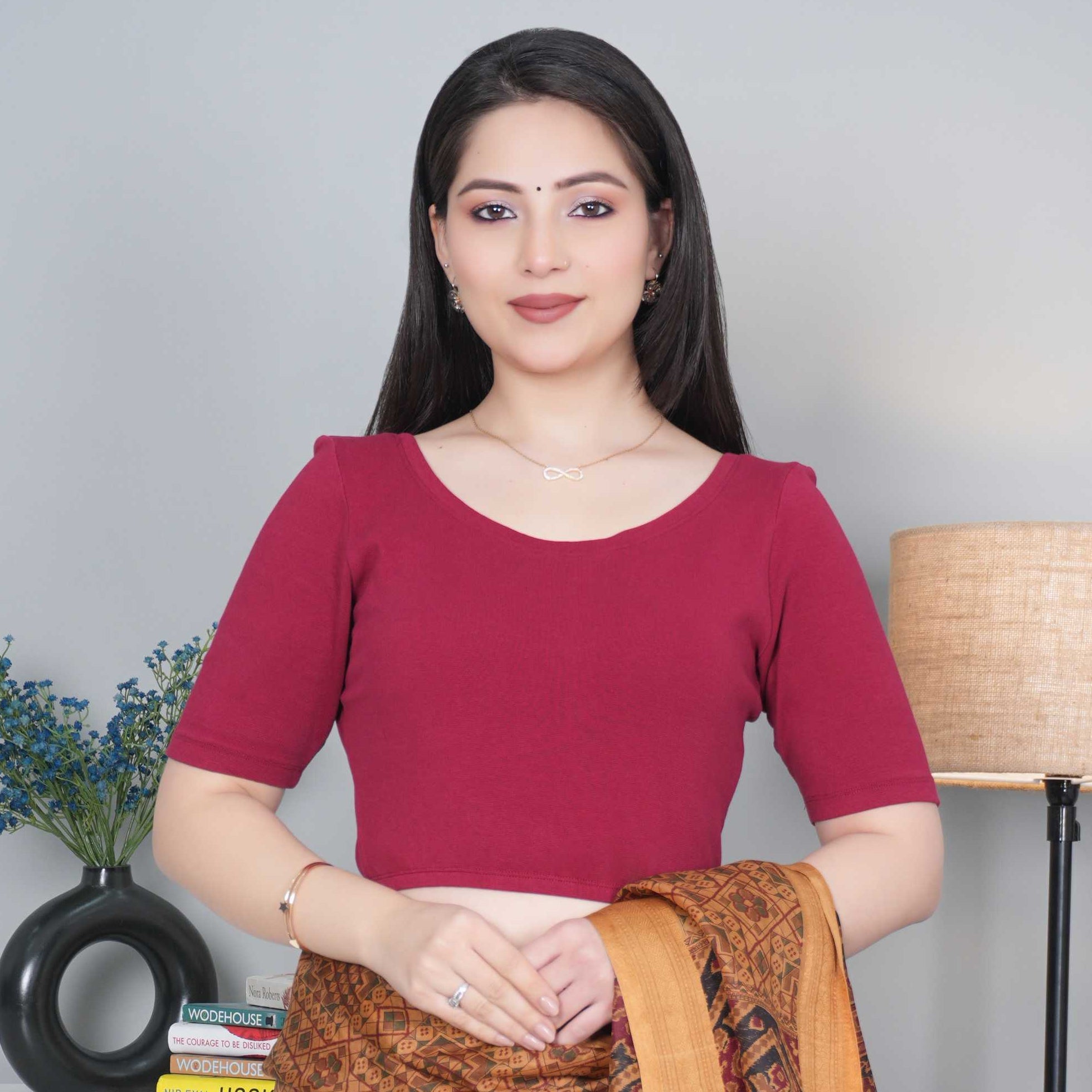 Dark Rose Rib Roundneck Half Sleeve Blouse [ 100% USA HQ Cotton, 280 GSM non transparent fabric ] - Rib blouse