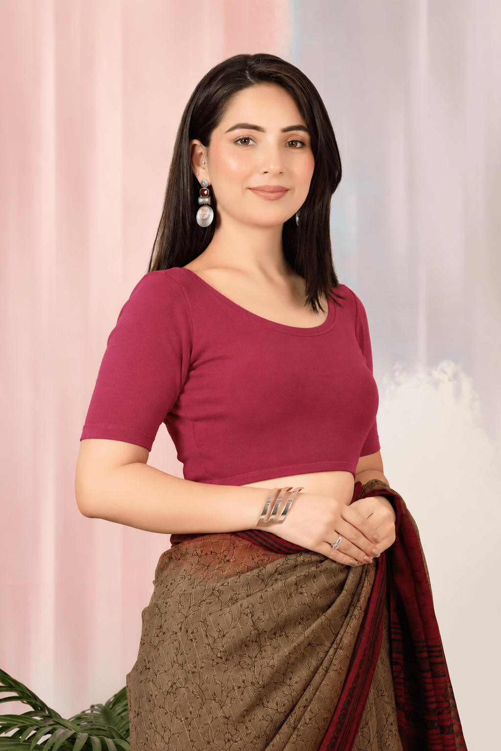 Dark Rose Rib Roundneck Half Sleeve Blouse [ 100% USA HQ Cotton, 280 GSM non transparent fabric ] -Rib blouse