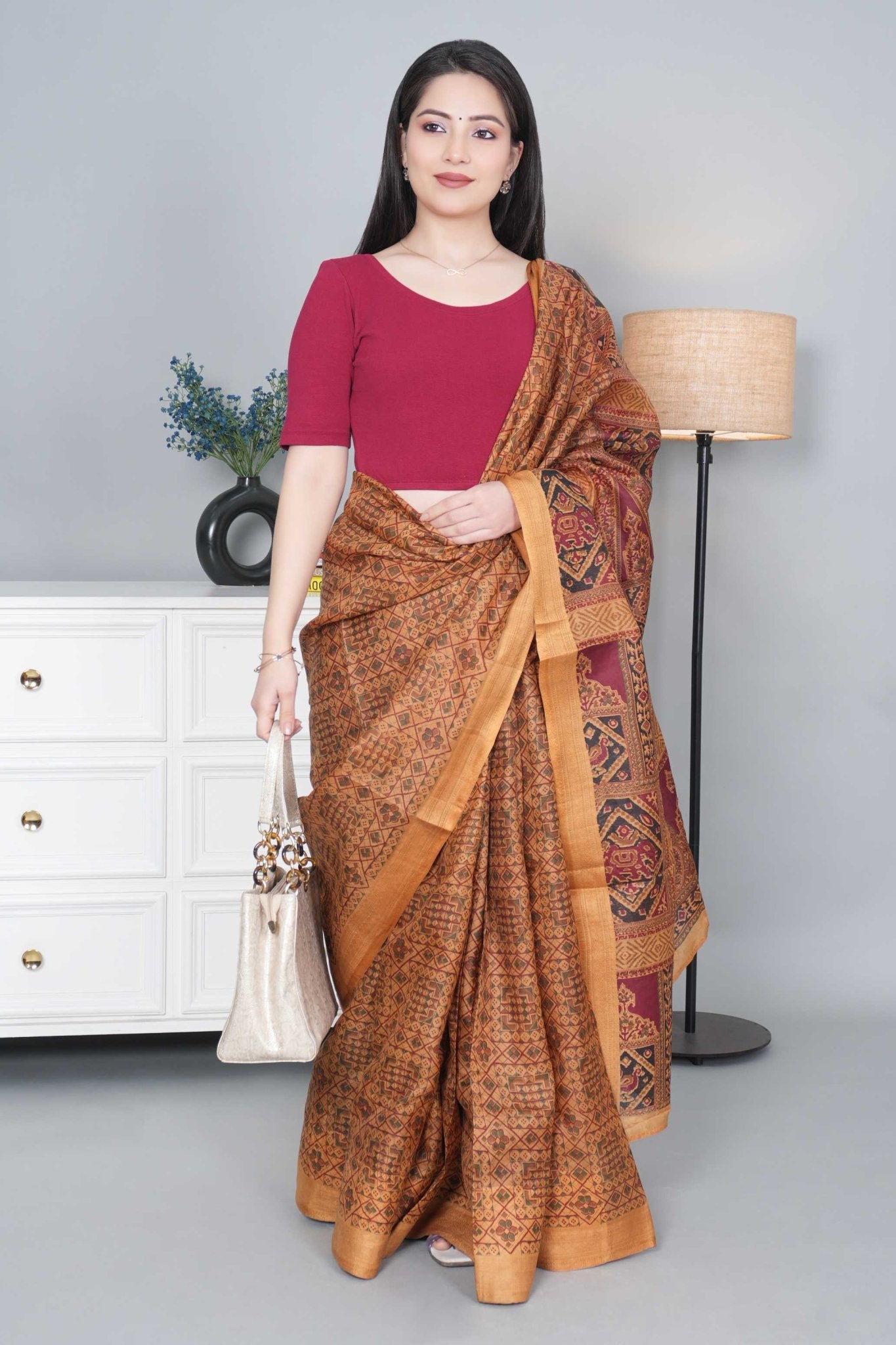 Dark Rose Rib Roundneck Half Sleeve Blouse [ 100% USA HQ Cotton, 280 GSM non transparent fabric ] - Rib blouse