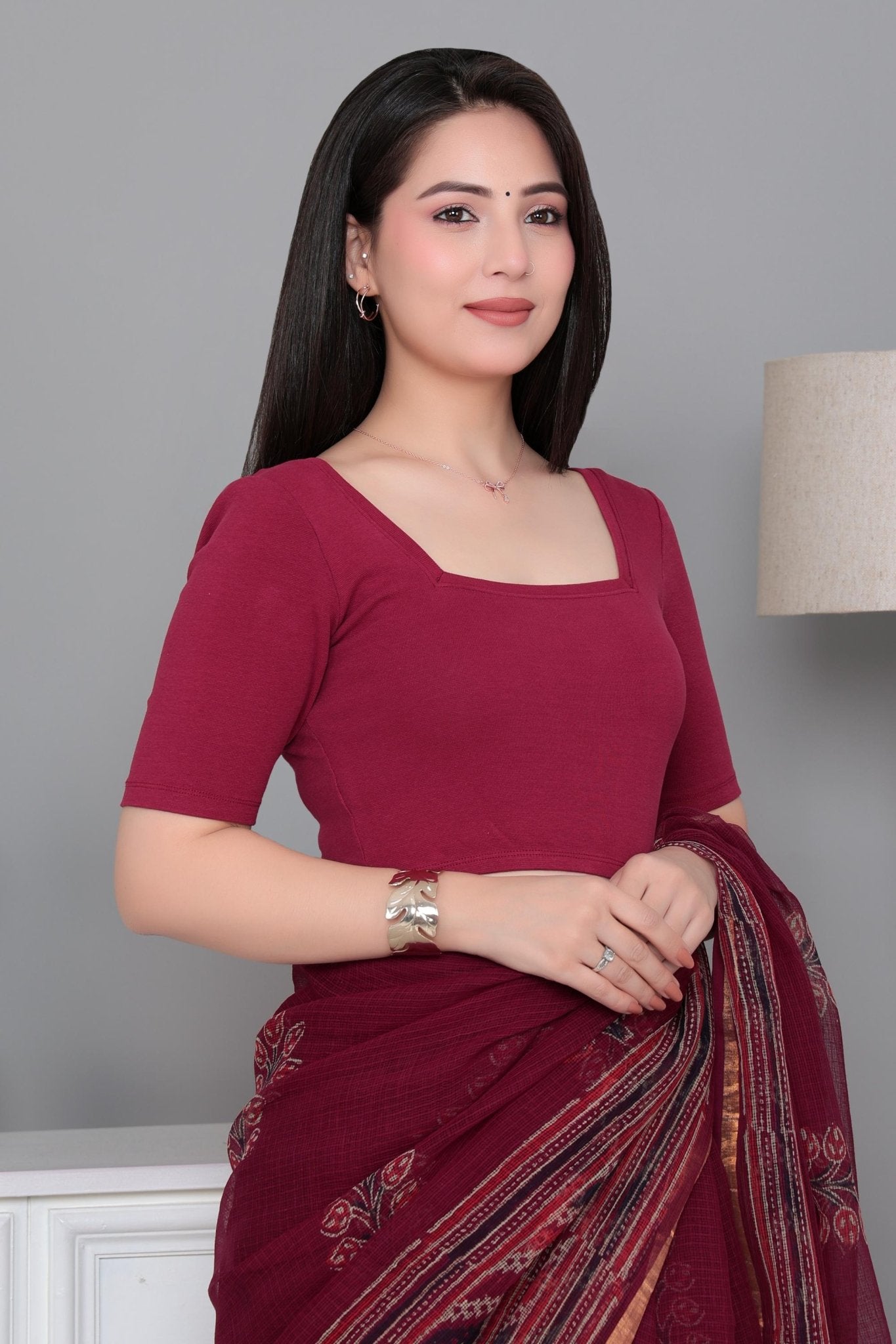 Dark Rose Rib Square Neck Half Sleeve Blouse [ 100% USA HQ Cotton, 280 GSM non transparent fabric ] -Rib blouse