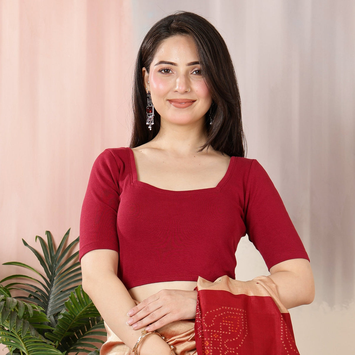 Dark Rose Rib Square Neck Half Sleeve Blouse [ 100% USA HQ Cotton, 280 GSM non transparent fabric ] -Rib blouse