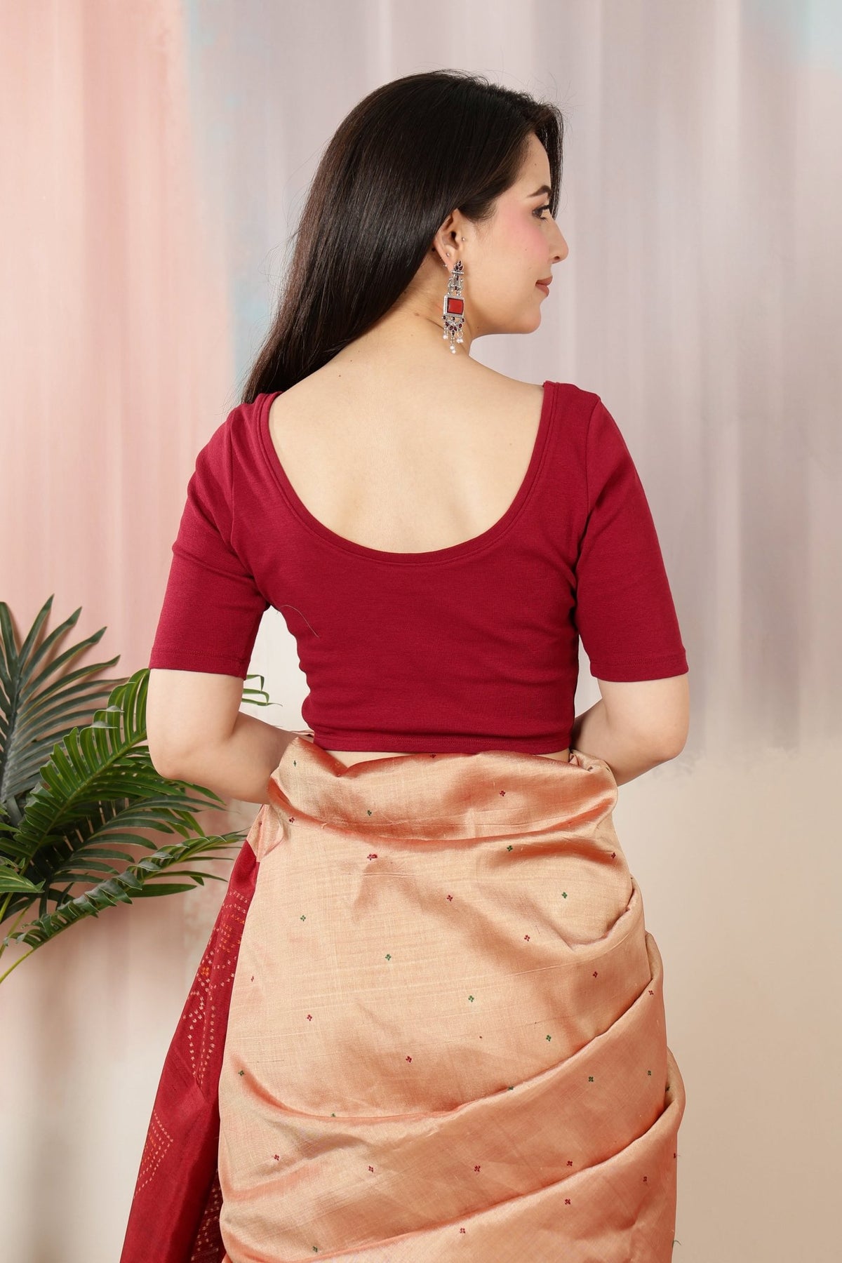 Dark Rose Rib Square Neck Half Sleeve Blouse [ 100% USA HQ Cotton, 280 GSM non transparent fabric ] -Rib blouse