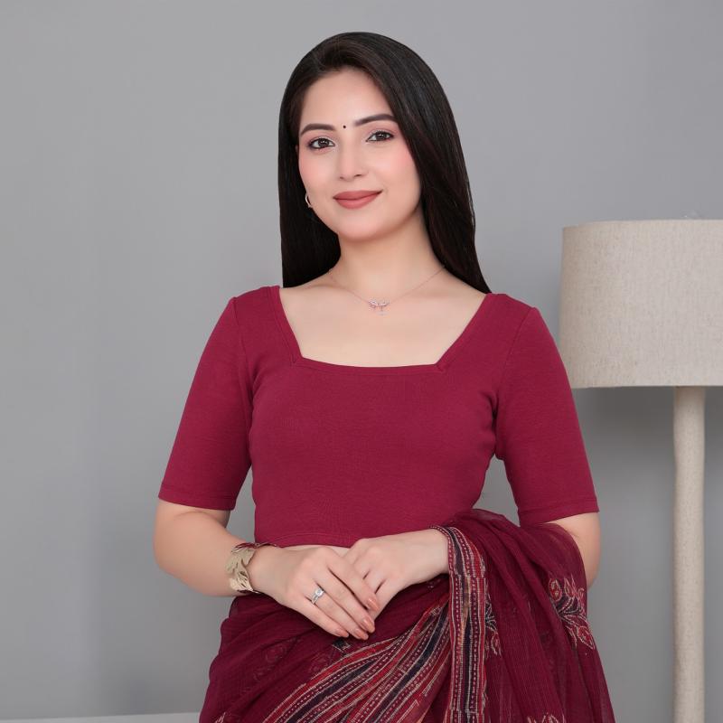 Dark Rose Rib Square Neck Half Sleeve Blouse [ 100% USA HQ Cotton, 280 GSM non transparent fabric ] -Rib blouse