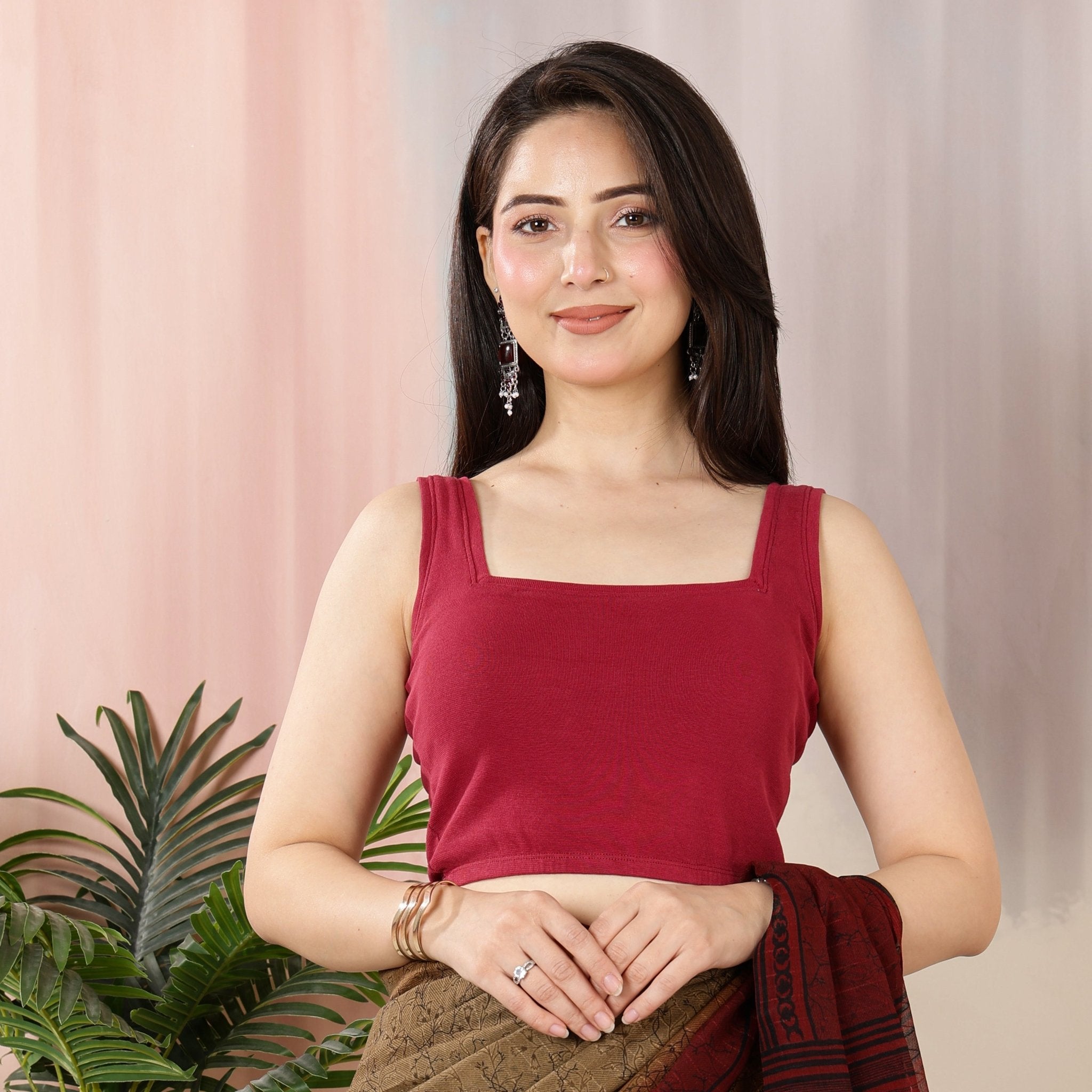 Dark rose Rib Square Neck Sleeveless Blouse [ 100% USA HQ Cotton, 280 GSM non transparent fabric ] -Rib blouse