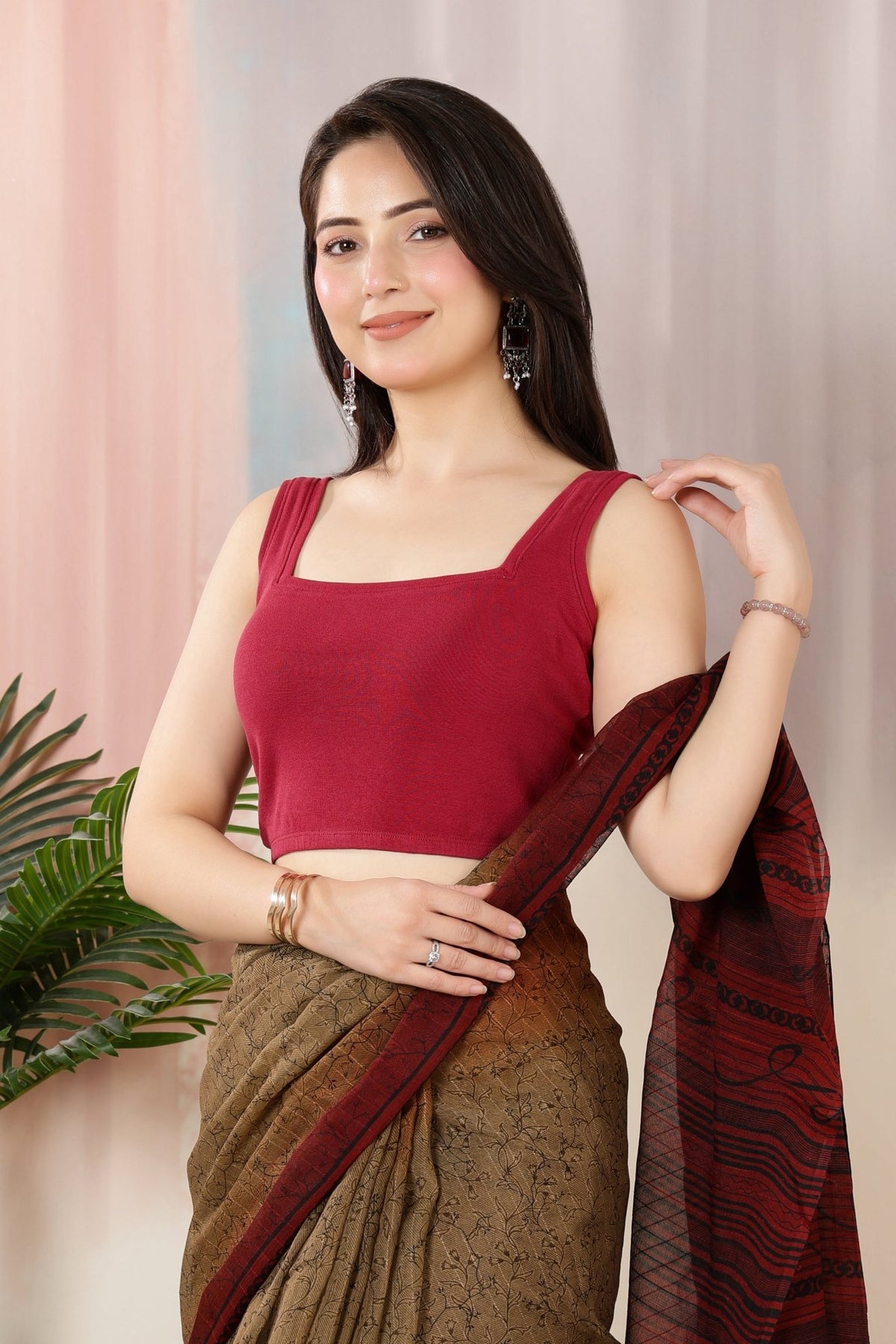 Dark rose Rib Square Neck Sleeveless Blouse [ 100% USA HQ Cotton, 280 GSM non transparent fabric ] -Rib blouse