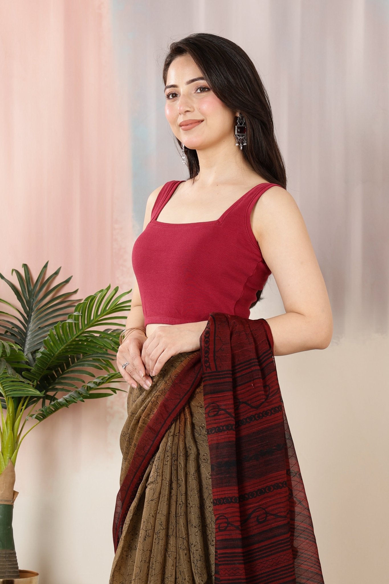 Dark rose Rib Square Neck Sleeveless Blouse [ 100% USA HQ Cotton, 280 GSM non transparent fabric ] -Rib blouse