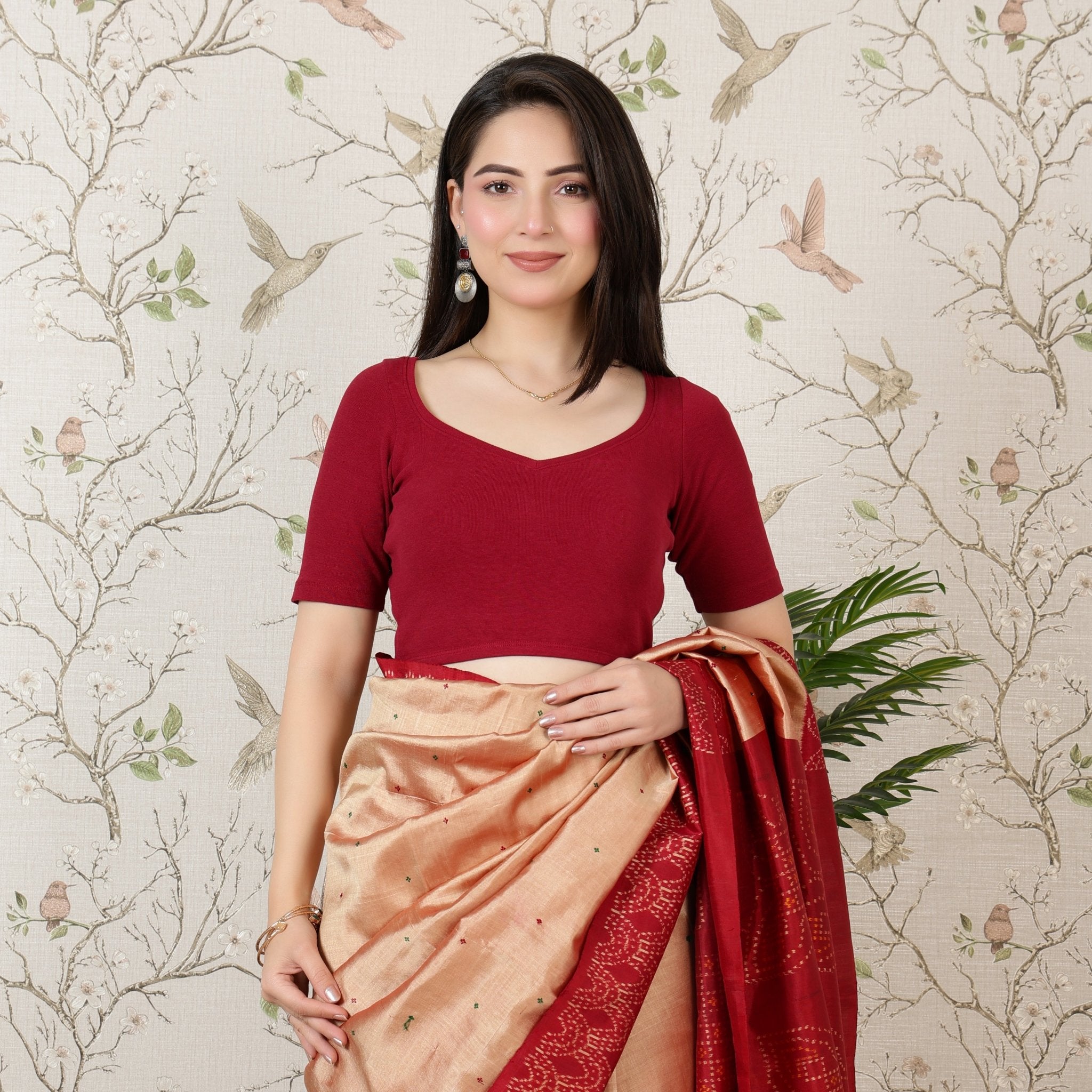 Dark rose Rib Sweet Heart Neck Half Sleeve Blouse [ 100% USA HQ Cotton, 280 GSM non transparent fabric ] -Rib blouse