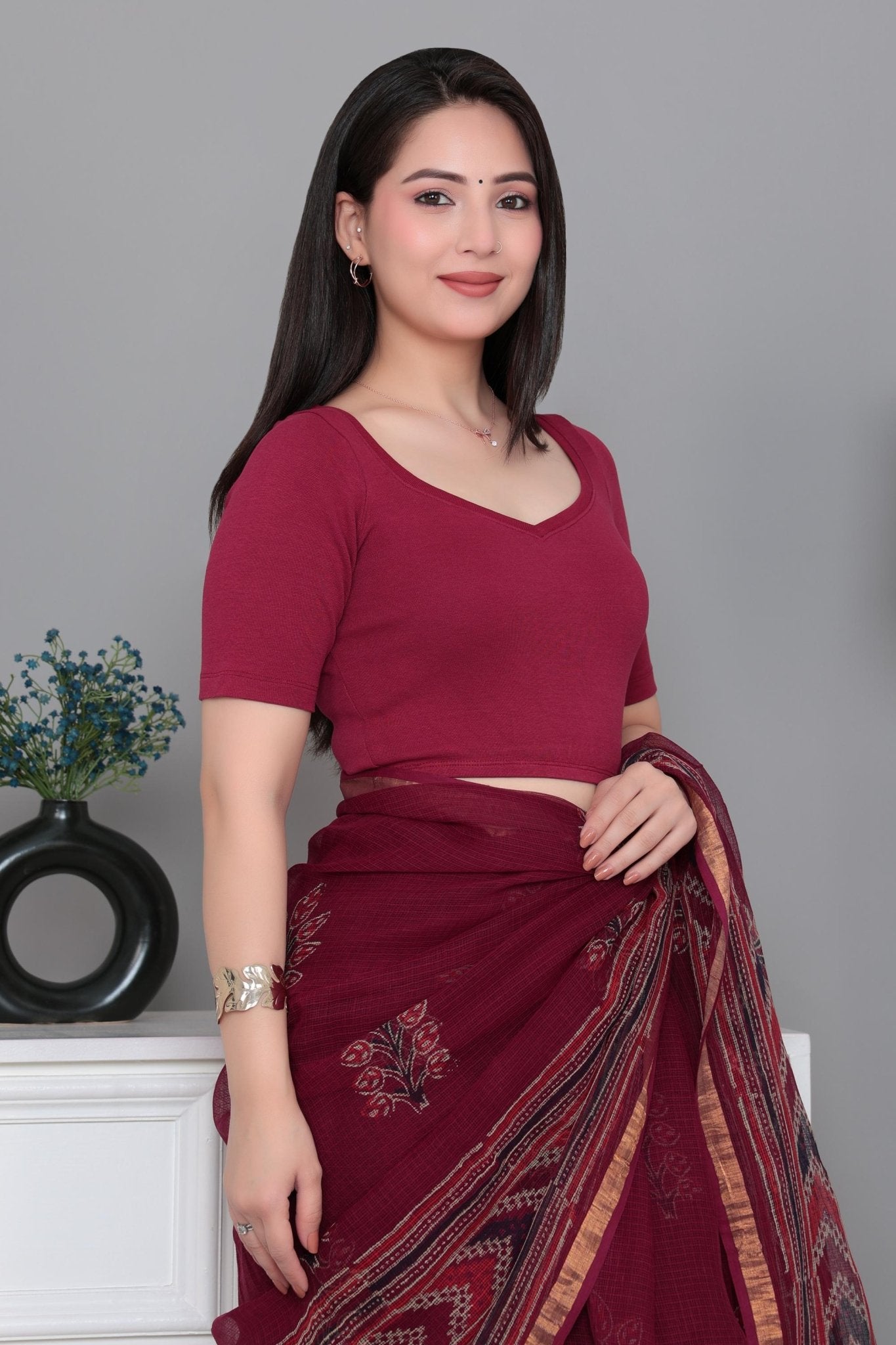 Dark rose Rib Sweet Heart Neck Half Sleeve Blouse [ 100% USA HQ Cotton, 280 GSM non transparent fabric ] -Rib blouse