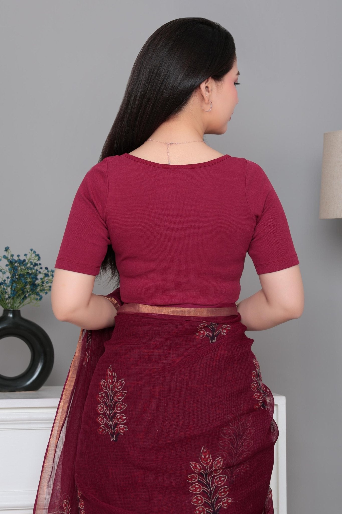 Dark rose Rib Sweet Heart Neck Half Sleeve Blouse [ 100% USA HQ Cotton, 280 GSM non transparent fabric ] -Rib blouse
