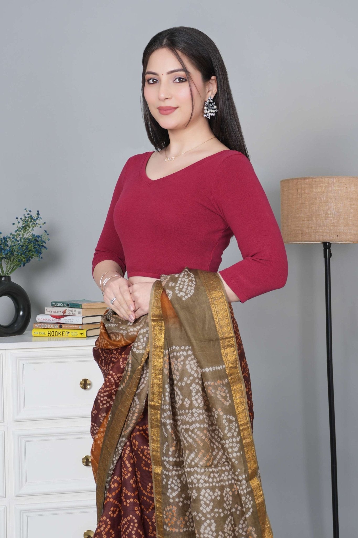 Dark rose Rib V Neck 3/4 Sleeve Blouse [ 100% USA HQ Cotton, 280 GSM non transparent fabric ] - Rib blouse