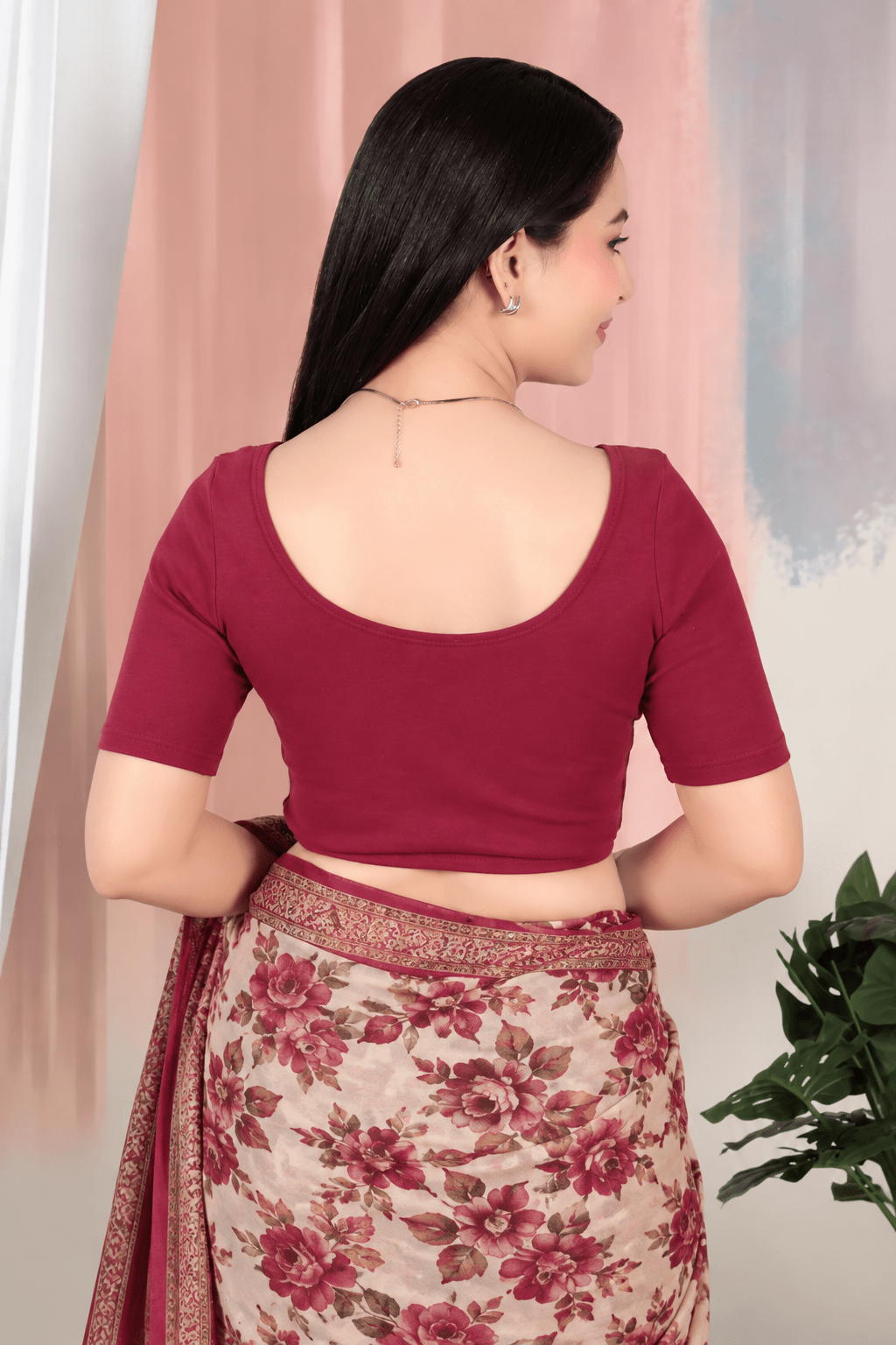 Dark rose Rib V Neck Half Sleeve Blouse [ 100% USA HQ Cotton, 280 GSM non transparent fabric ] -Rib blouse