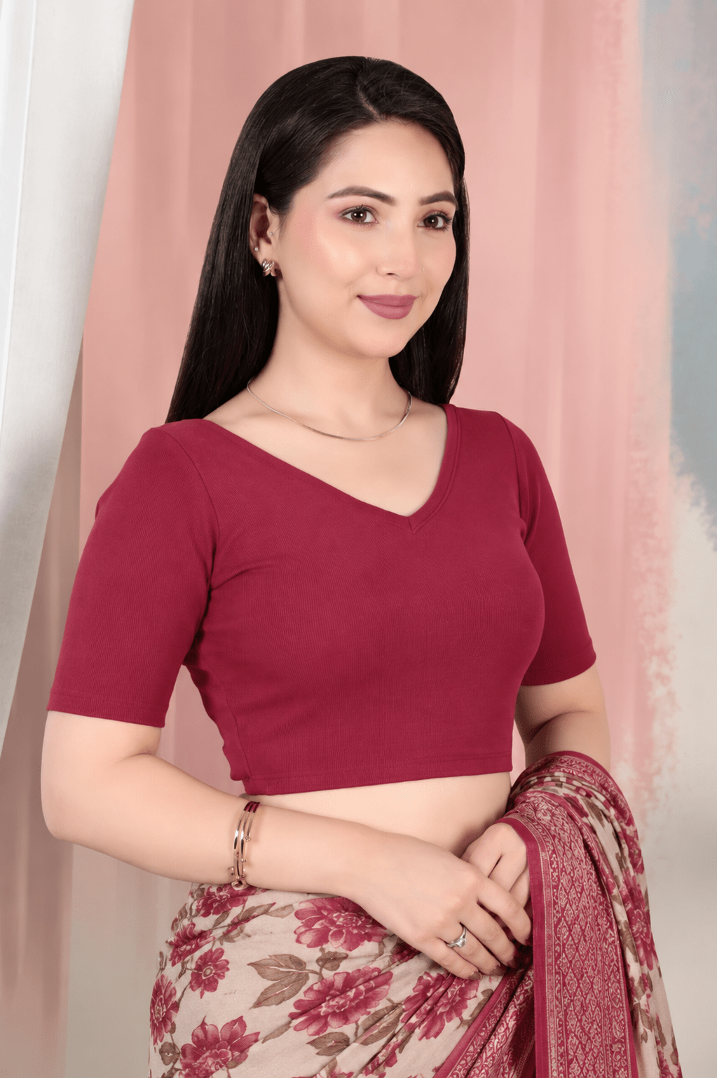 Dark rose Rib V Neck Half Sleeve Blouse [ 100% USA HQ Cotton, 280 GSM non transparent fabric ] -Rib blouse