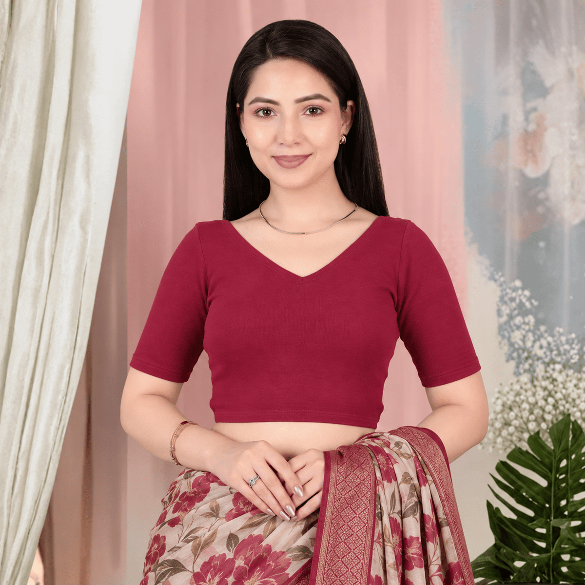 Dark rose Rib V Neck Half Sleeve Blouse [ 100% USA HQ Cotton, 280 GSM non transparent fabric ] -Rib blouse