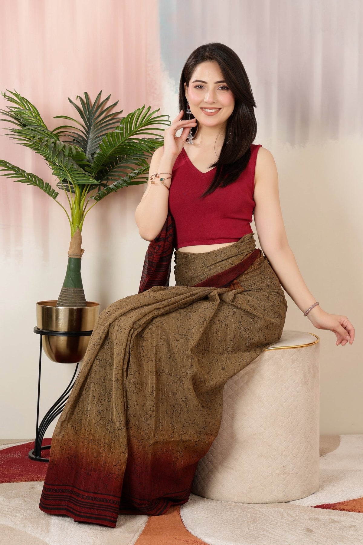 Dark rose Rib V Neck Sleeveless Blouse [ 100% USA HQ Cotton, 280 GSM non transparent fabric ] -Rib blouse
