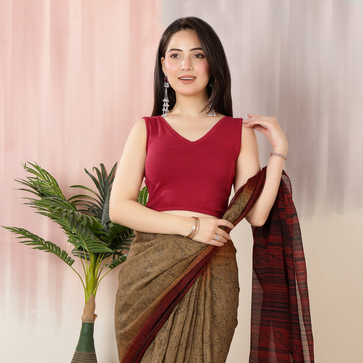 Dark rose Rib V Neck Sleeveless Blouse [ 100% USA HQ Cotton, 280 GSM non transparent fabric ] -Rib blouse