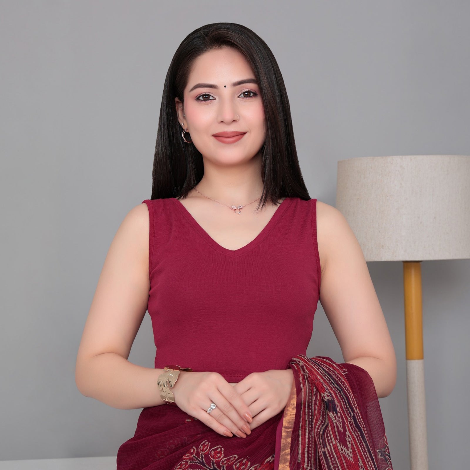 Dark rose Rib V Neck Sleeveless Blouse [ 100% USA HQ Cotton, 280 GSM non transparent fabric ] -Rib blouse