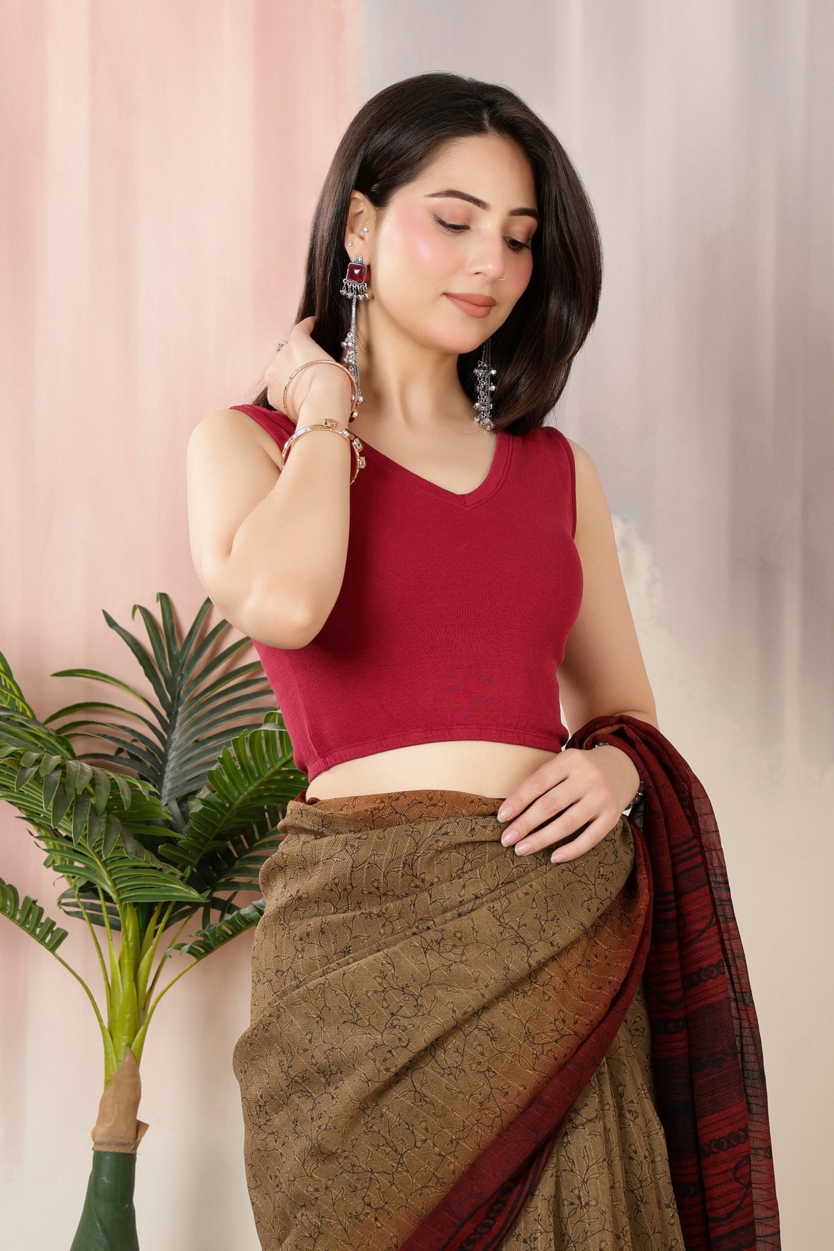 Dark rose Rib V Neck Sleeveless Blouse [ 100% USA HQ Cotton, 280 GSM non transparent fabric ] -Rib blouse