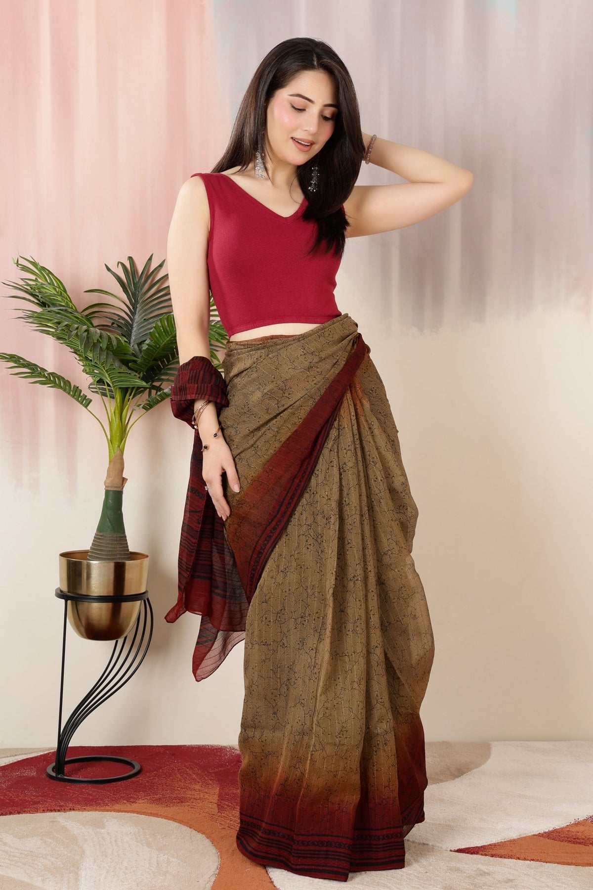 Dark rose Rib V Neck Sleeveless Blouse [ 100% USA HQ Cotton, 280 GSM non transparent fabric ] -Rib blouse