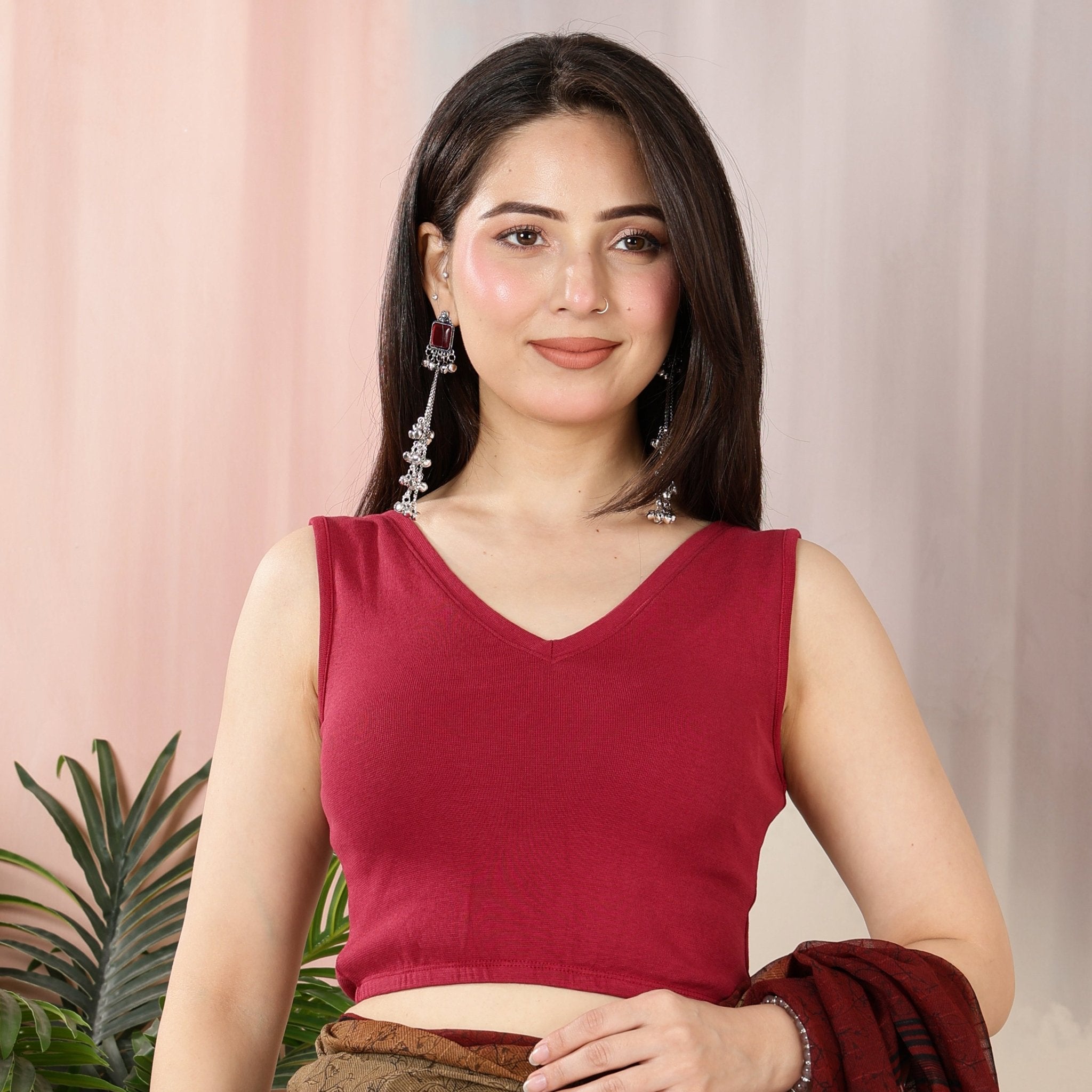 Dark rose Rib V Neck Sleeveless Blouse [ 100% USA HQ Cotton, 280 GSM non transparent fabric ] -Rib blouse