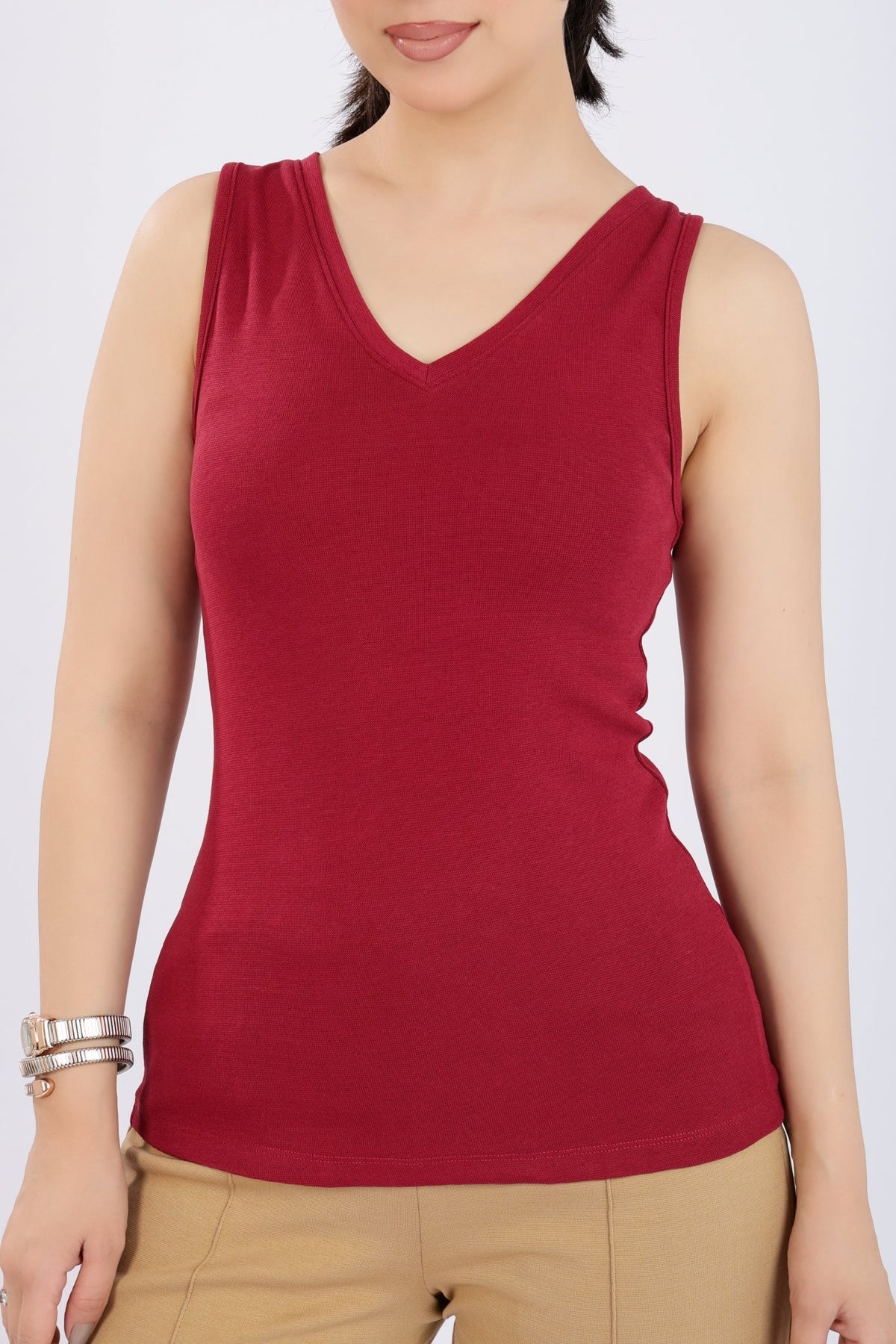 Dark rose rib v-neck vest [ 280 GSM non transparent fabric ] -Rib top