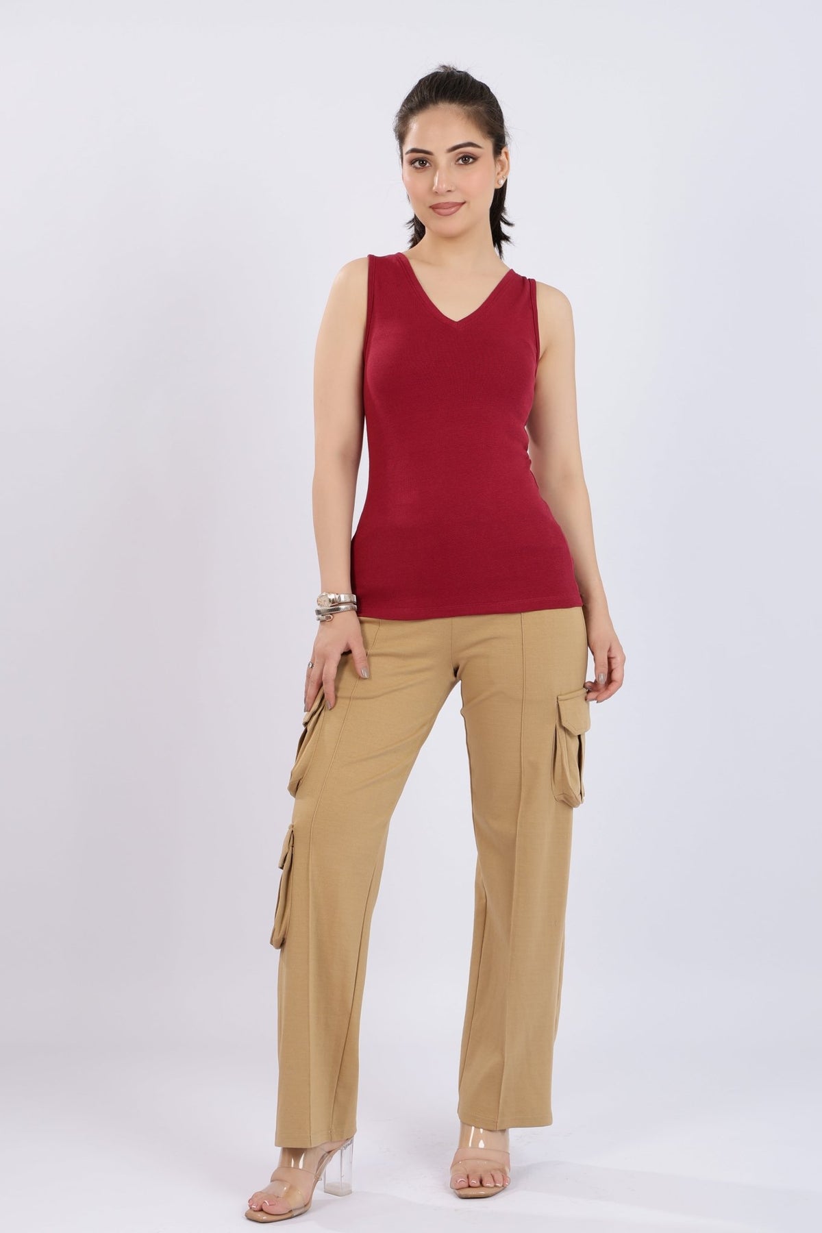 Dark rose rib v-neck vest [ 280 GSM non transparent fabric ] -Rib top