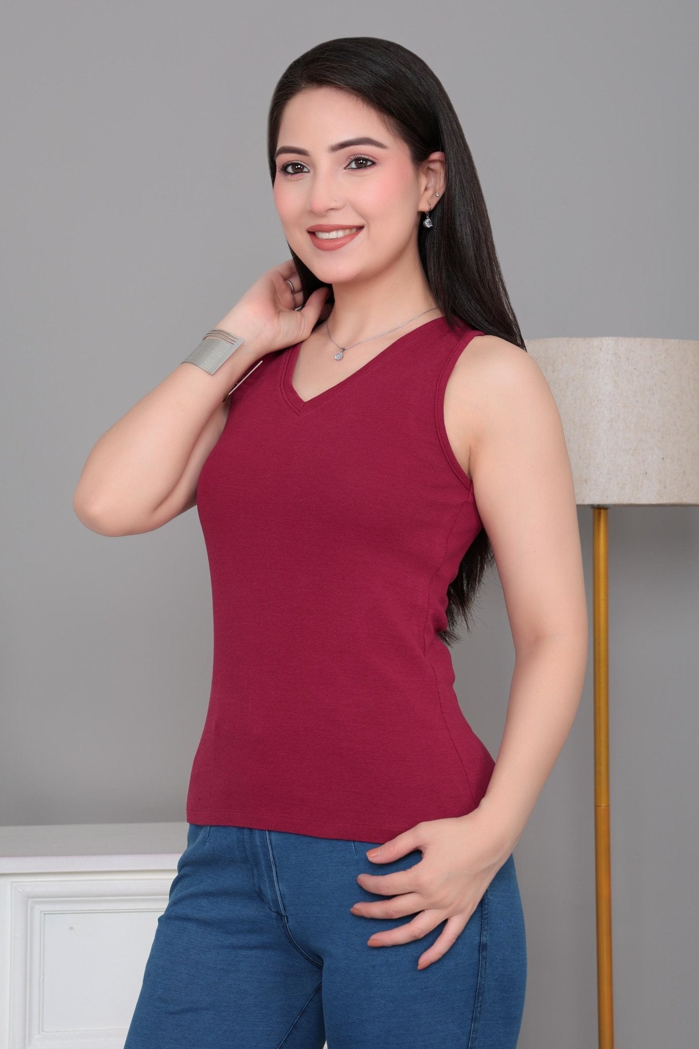 Dark rose rib v-neck vest [ 280 GSM non transparent fabric ] -Rib top