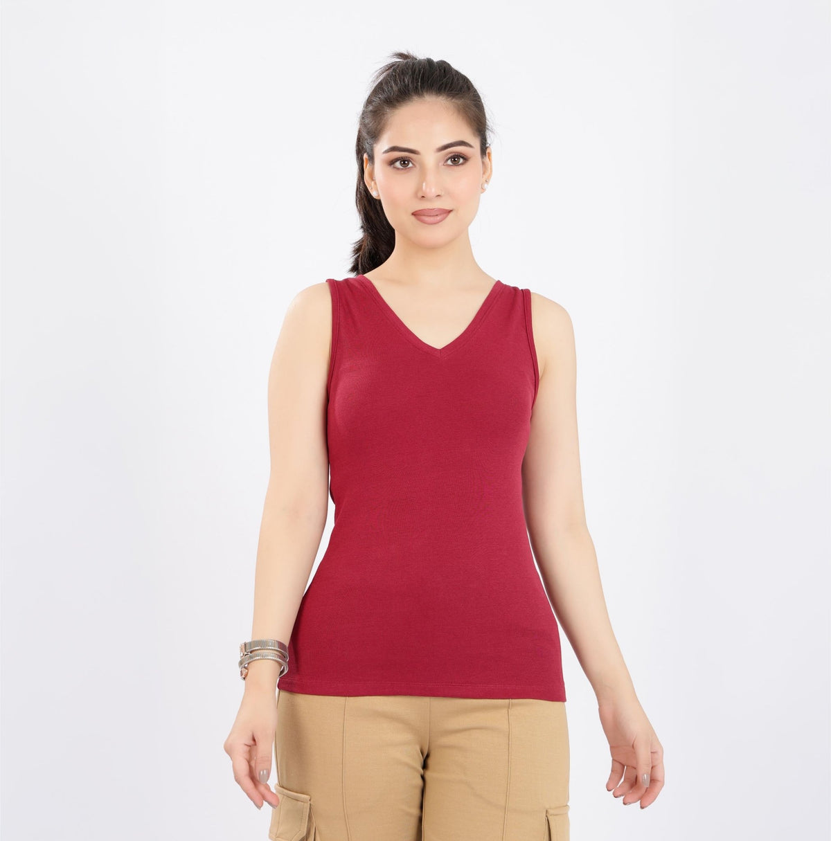 Dark rose rib v-neck vest [ 280 GSM non transparent fabric ] -Rib top