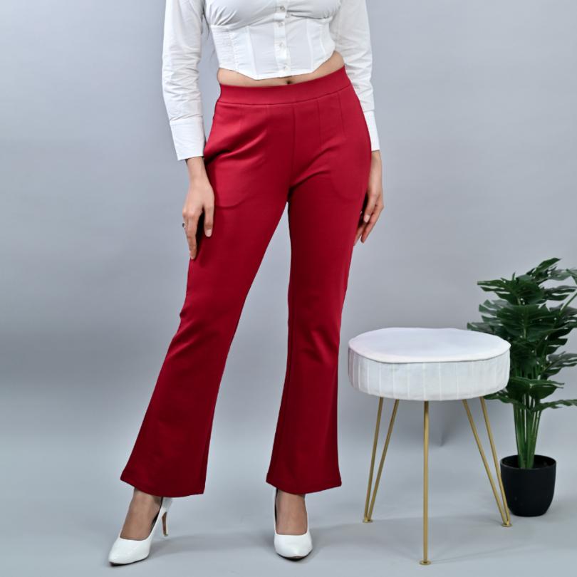 Dark rose stretchable biowash cotton bootcut flare pants with superior elastic belt. - Milano bootcut flare pants