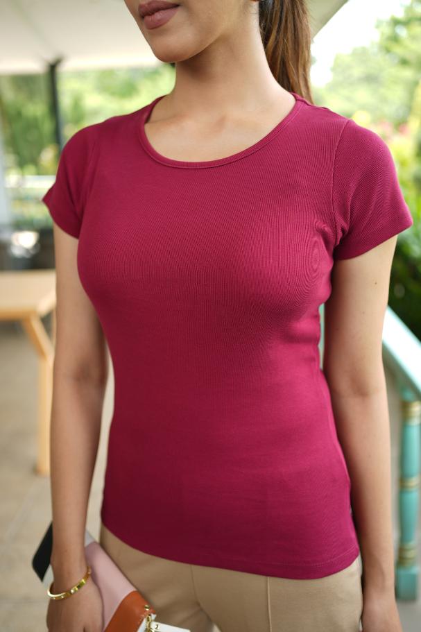 Dark Rose Stretchable Rib T Shirt [ 100% USA HQ Cotton, 280 GSM non transparent fabric ] - Rib t shirt