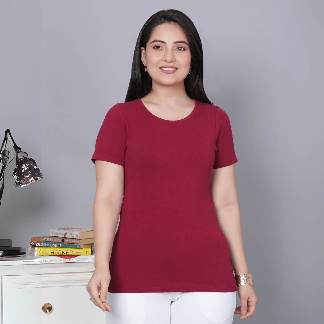 Dark Rose Stretchable Rib T Shirt [ 100% USA HQ Cotton, 280 GSM non transparent fabric ] - Rib t shirt
