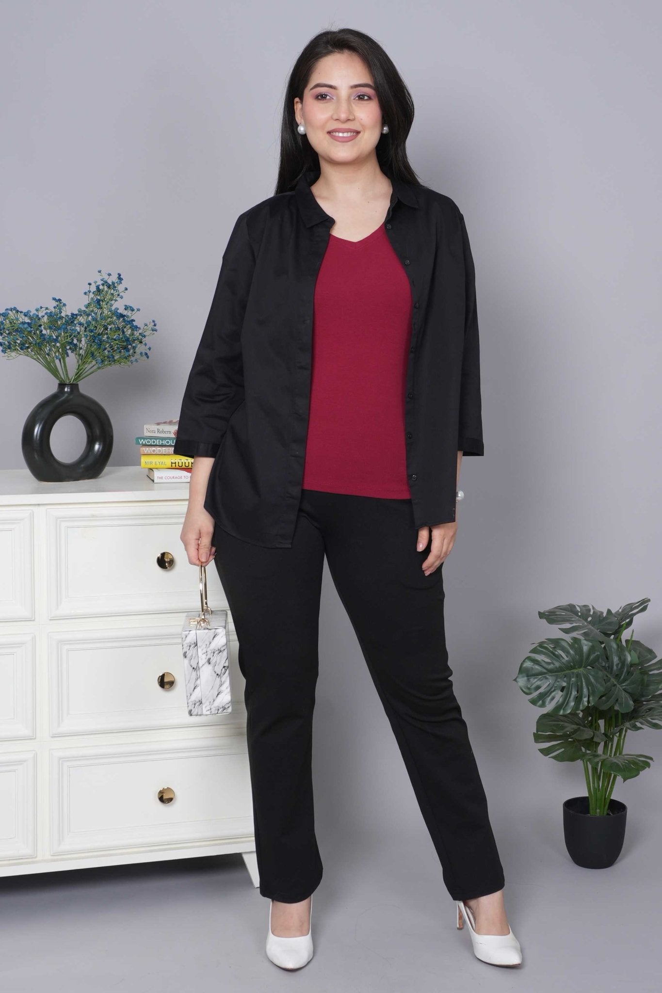 Dark Rose Stretchable V Neck Rib T Shirt [ 100% USA HQ Cotton, 280 GSM non transparent fabric ] - Rib v neck t shirt