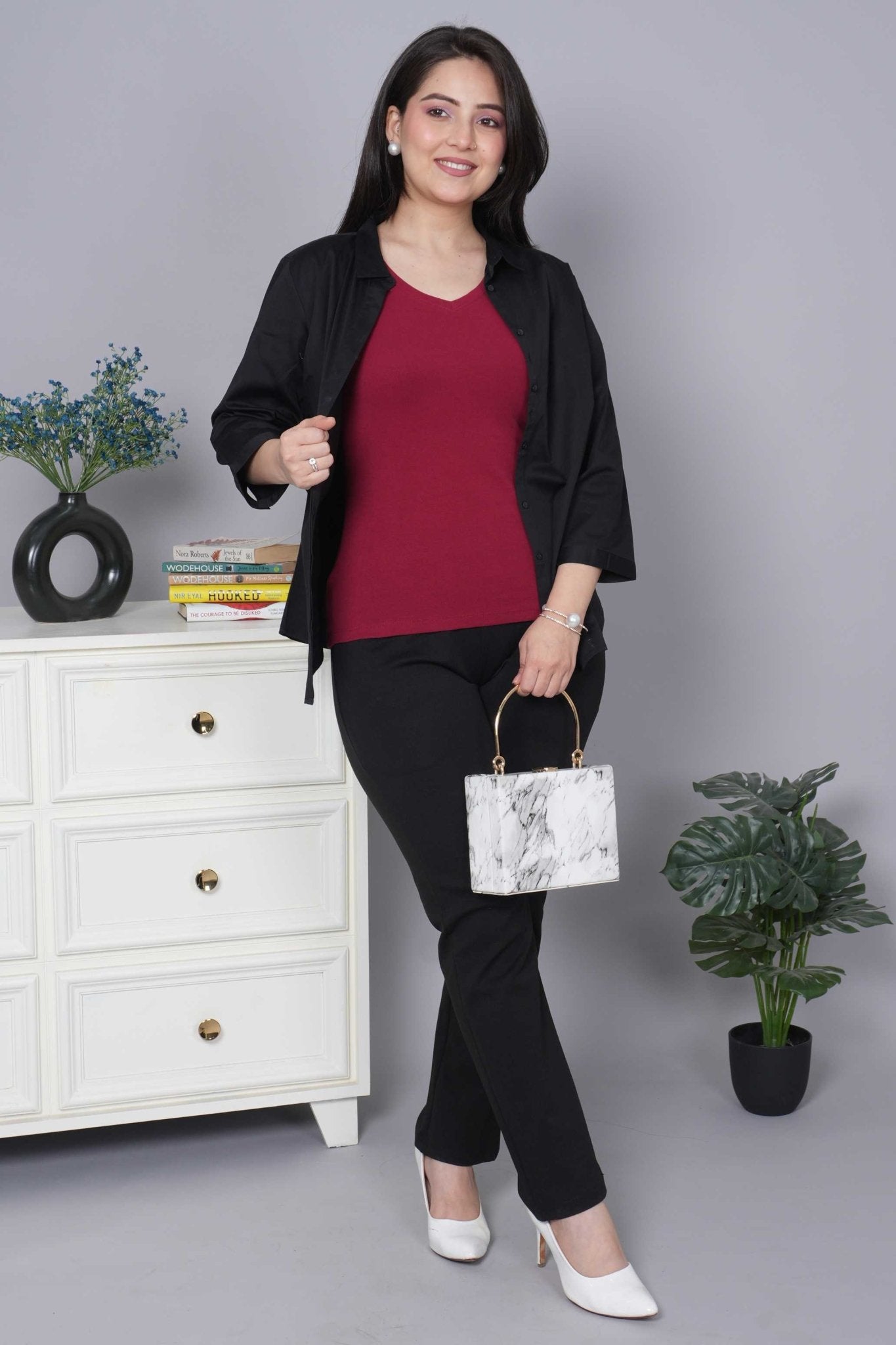 Dark Rose Stretchable V Neck Rib T Shirt [ 100% USA HQ Cotton, 280 GSM non transparent fabric ] - Rib v neck t shirt