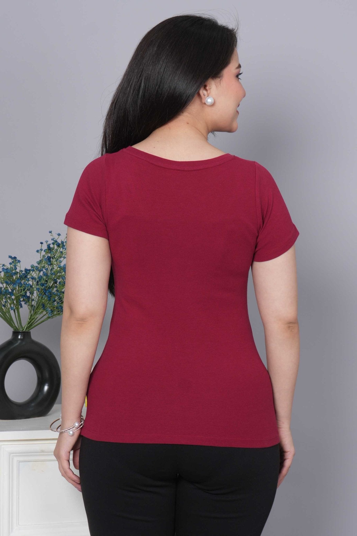 Dark Rose Stretchable V Neck Rib T Shirt [ 100% USA HQ Cotton, 280 GSM non transparent fabric ] - Rib v neck t shirt