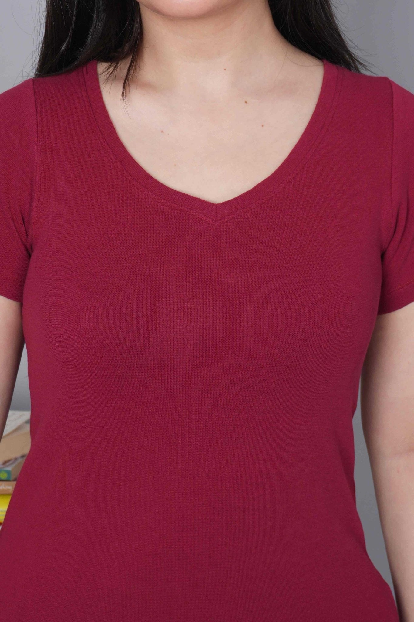 Dark Rose Stretchable V Neck Rib T Shirt [ 100% USA HQ Cotton, 280 GSM non transparent fabric ] - Rib v neck t shirt