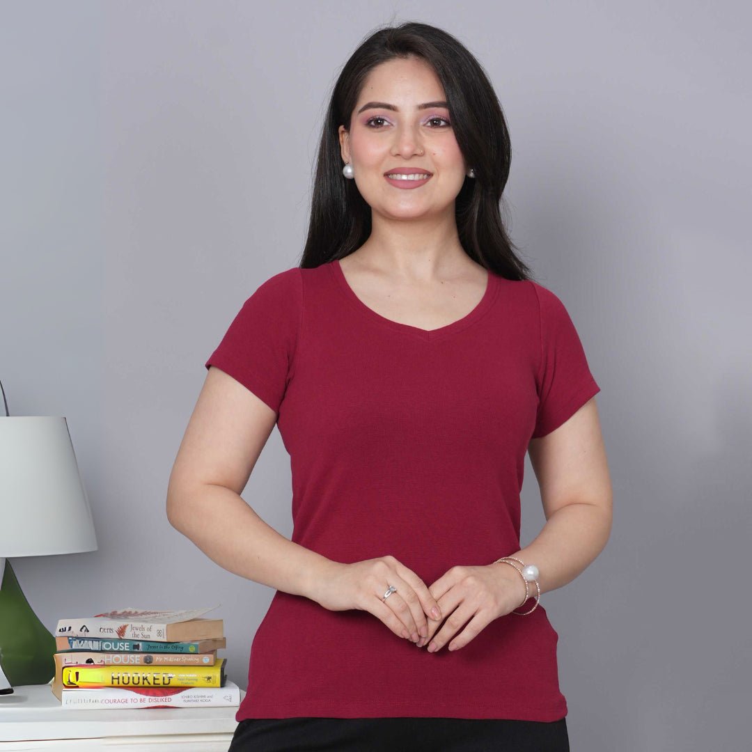 Dark Rose Stretchable V Neck Rib T Shirt [ 100% USA HQ Cotton, 280 GSM non transparent fabric ] - Rib v neck t shirt