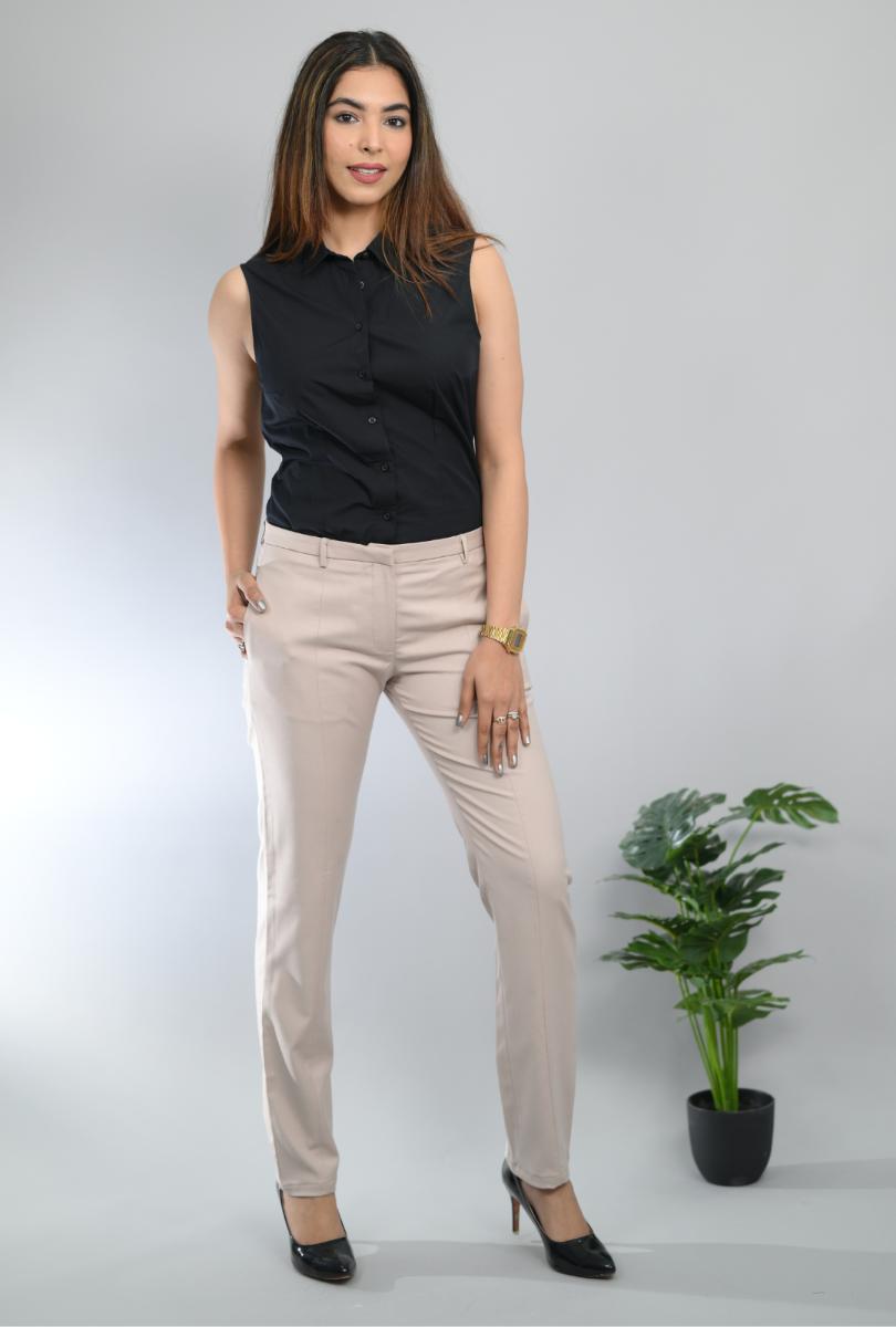 Desert sand woven formal pants with spandex [Straight fit] - Woven formal pants