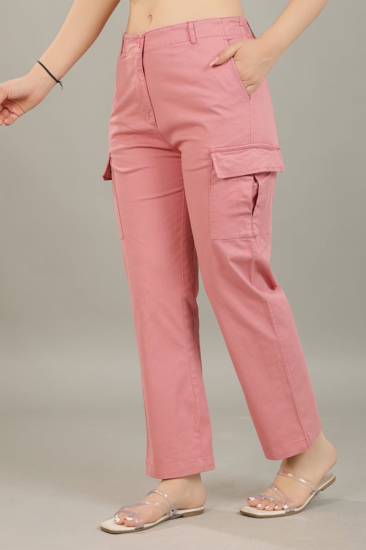 Dusty Pink stretchable biowash USA HQ cotton travel cargo pant with superior elastic belt. -Travel Cargo Pants
