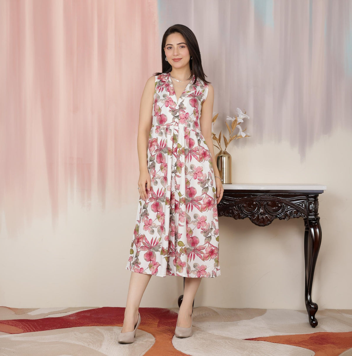 Dusty Rose Floral Breeze Shirt Dress [100% pure rayon] -floral breeze shirt dress