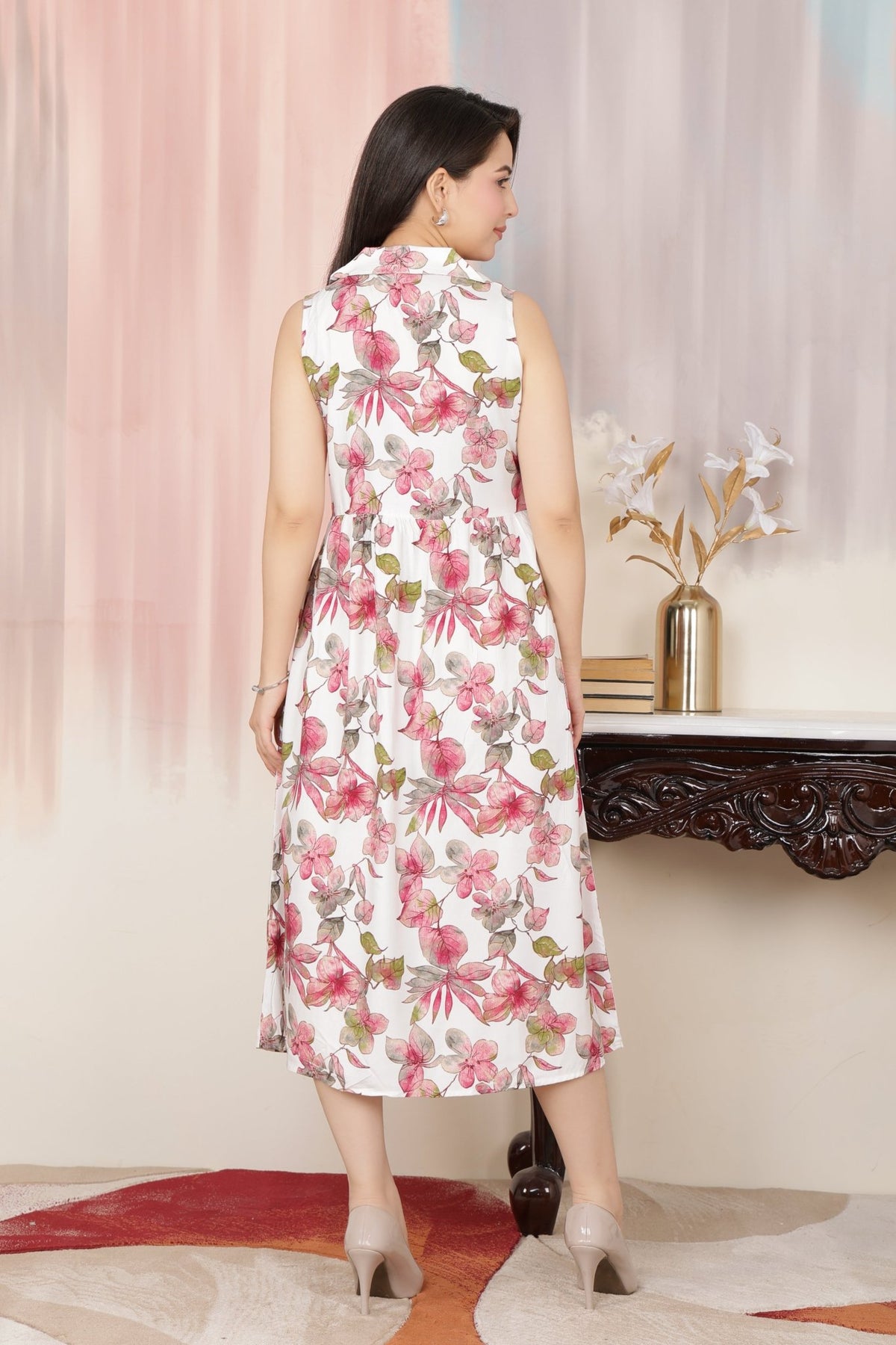 Dusty Rose Floral Breeze Shirt Dress [100% pure rayon] -floral breeze shirt dress