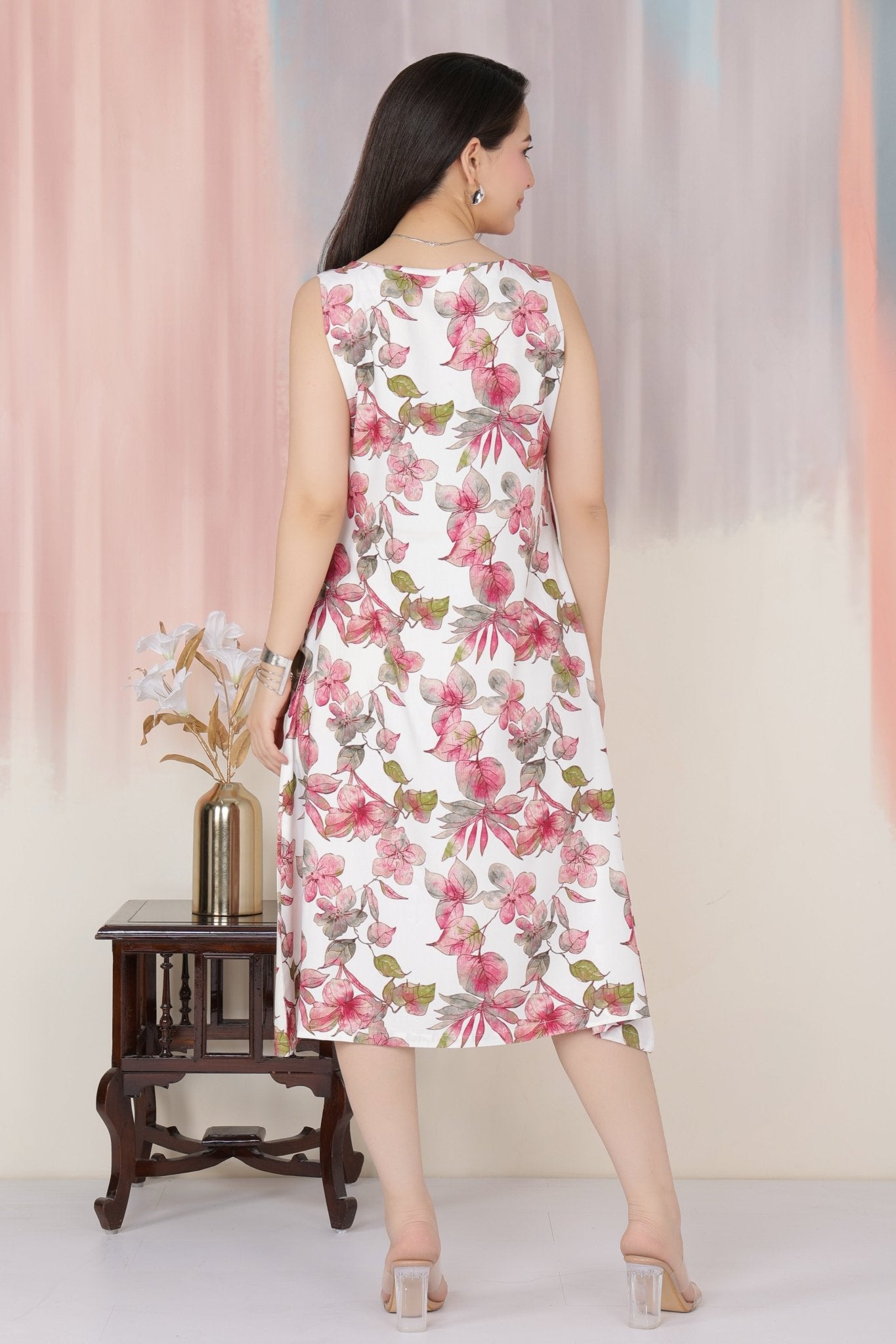 Dusty Rose rayon A Line Printed Dress [100% pure rayon] -Cotton midi dress