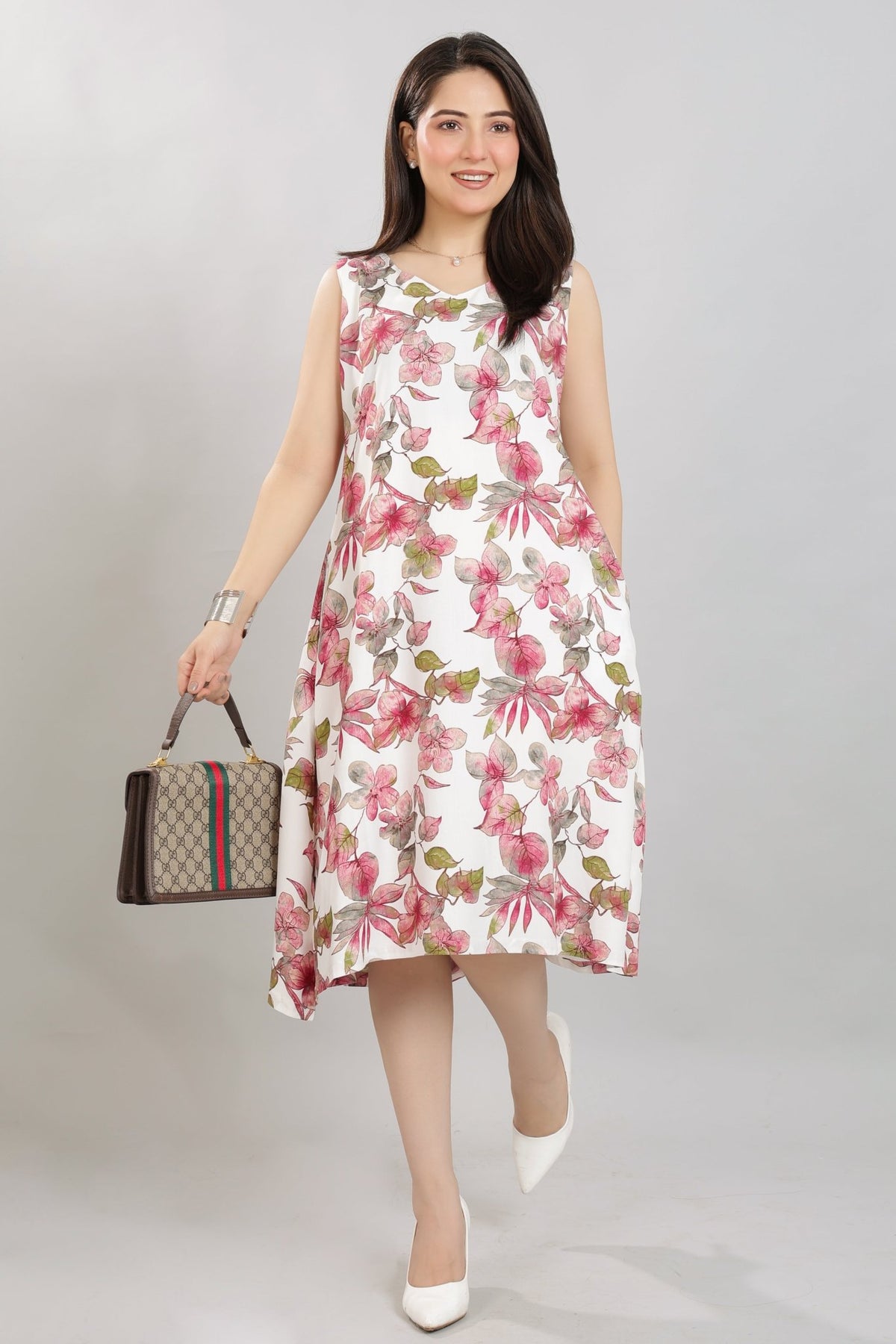 Dusty Rose rayon A Line Printed Dress [100% pure rayon] -Cotton midi dress