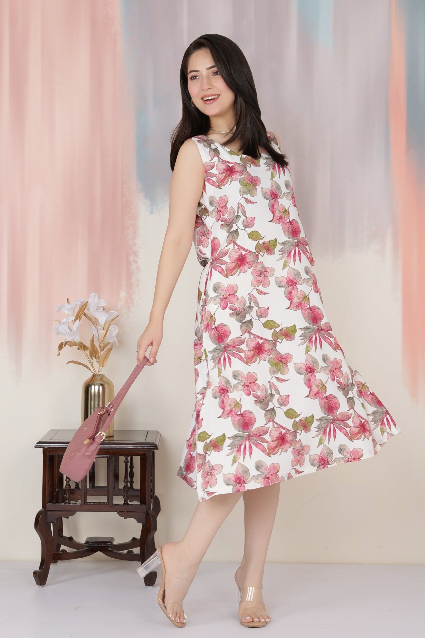 Dusty Rose rayon A Line Printed Dress [100% pure rayon] -Cotton midi dress