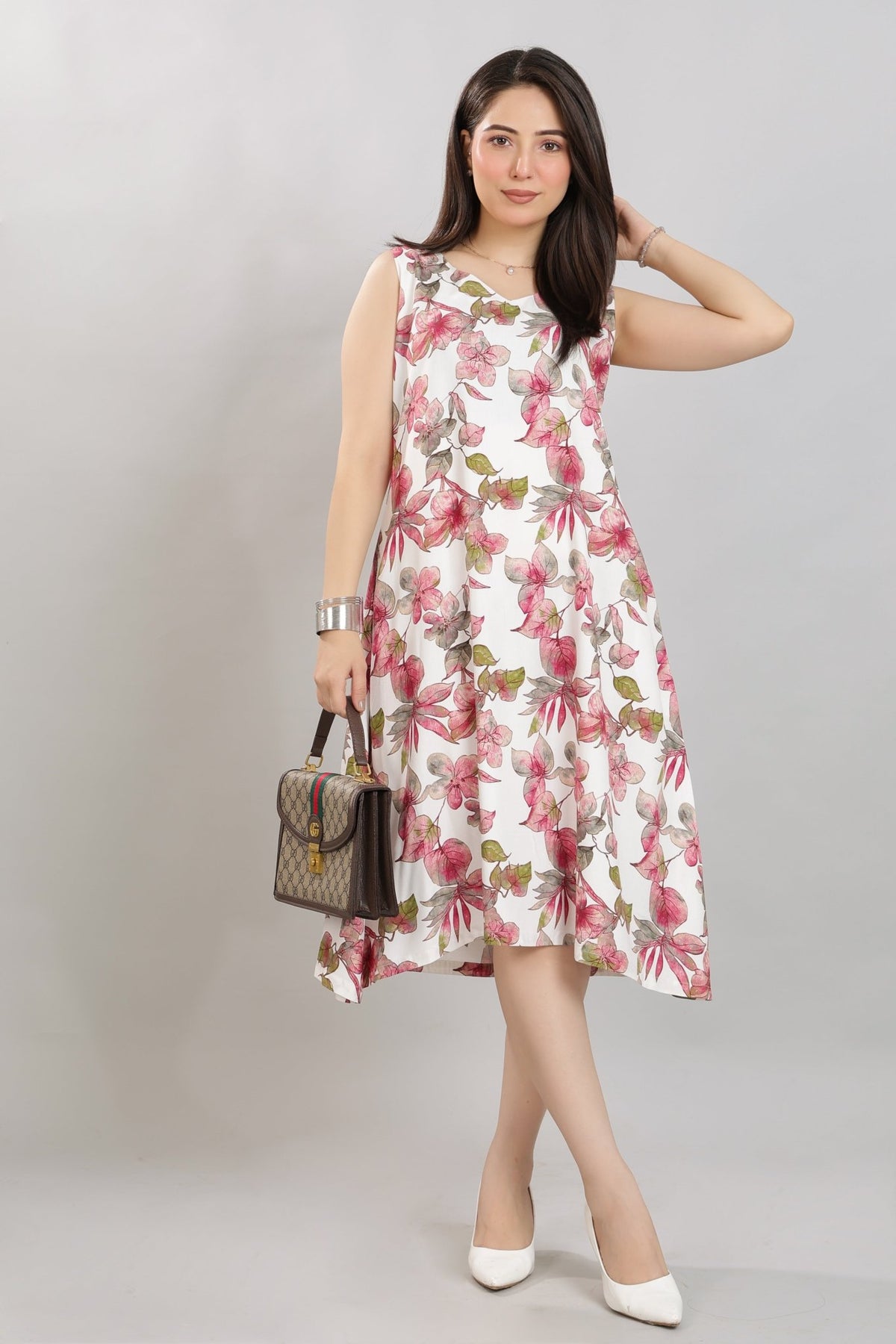 Dusty Rose rayon A Line Printed Dress [100% pure rayon] -Cotton midi dress