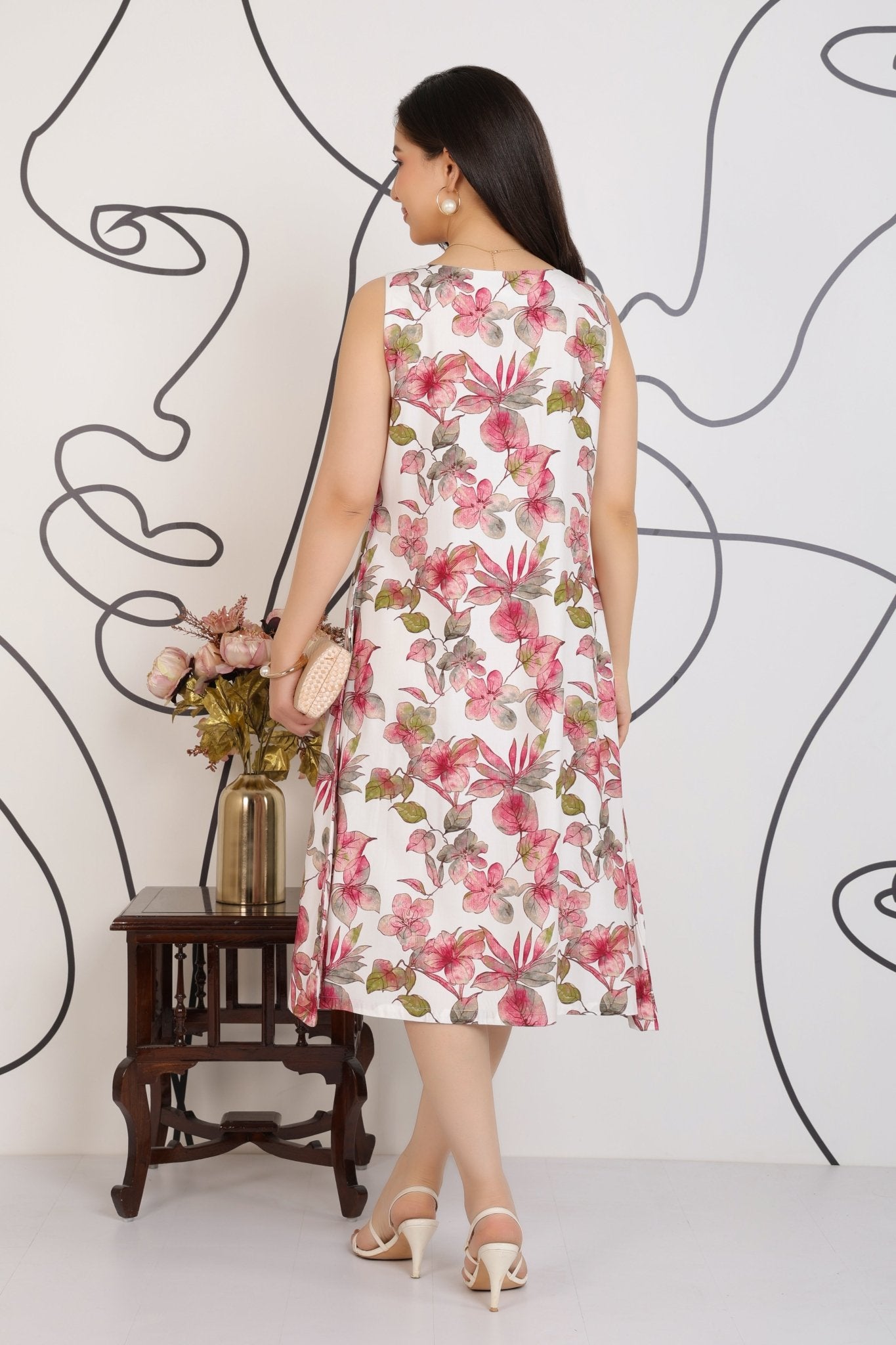 Dusty Rose rayon A Line Printed Dress [100% pure rayon] -Cotton midi dress
