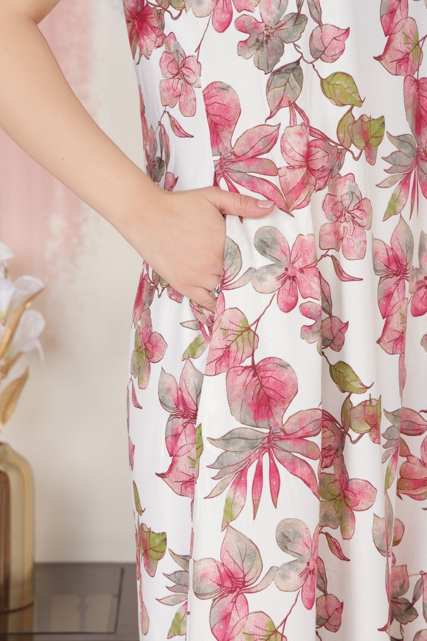 Dusty Rose rayon A Line Printed Dress [100% pure rayon] -Cotton midi dress
