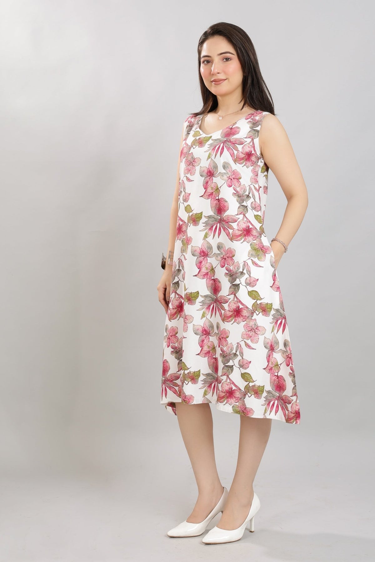 Dusty Rose rayon A Line Printed Dress [100% pure rayon] -Cotton midi dress